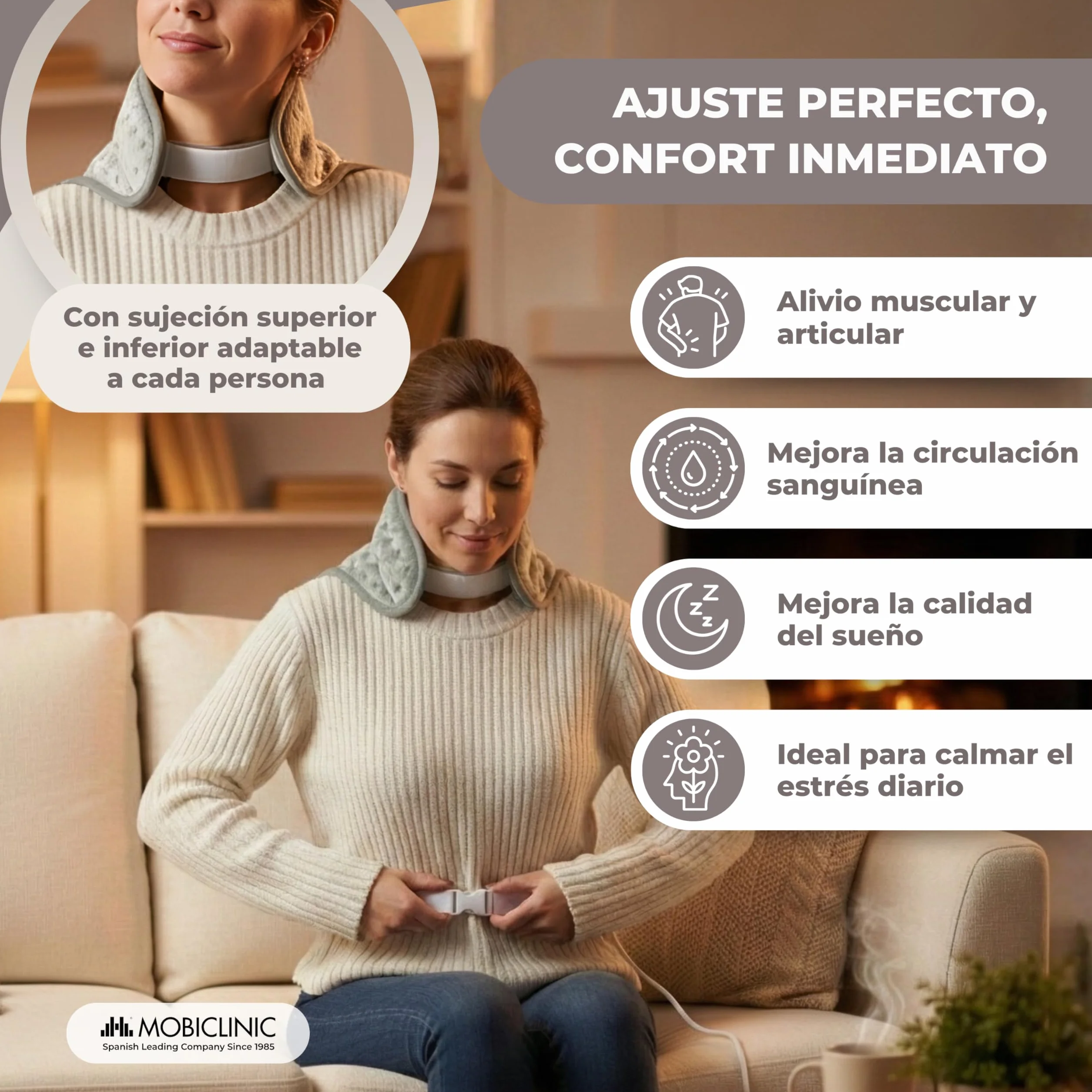 Mobiclinic Almohadilla eléctrica dorsal cervical 62x43 100W 3 niveles calor Apagado automático Lavable