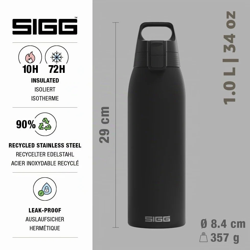 SIGG - Borraccia Termica - Shield Therm One Nero - Adatta alle bevande gassate - Ermetica - Lavabile in lavastoviglie - Senza BPA - 90% acciaio inox riciclato - Nero - 1 L