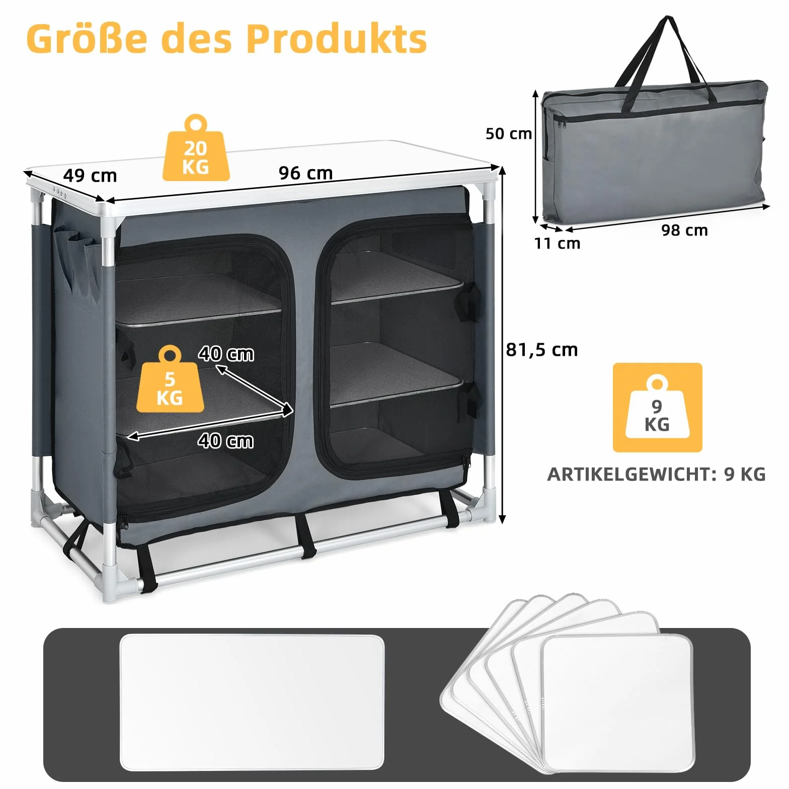 GYMAX Armario Plegable Camping, 96 x 49 x 81,5 cm, Mesa de Cocina al Aire Libre con 6 Compartimientos de Almacenamiento y Bolsa de Transporte, Cocina de Viaje para BBQ, Camping y Picnics, Gris