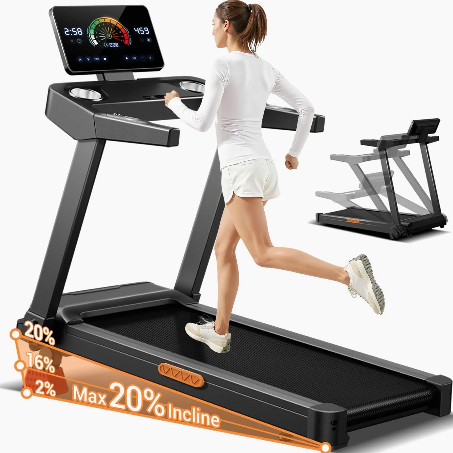 UMAY Cinta de Correr Plegable con Inclinación 16%, 14 KM/H, 3.5HP | Cinta de Andar con Frecuencia Cardíaca, Caminadora Electrica para Casa con Pantalla LED,180kg