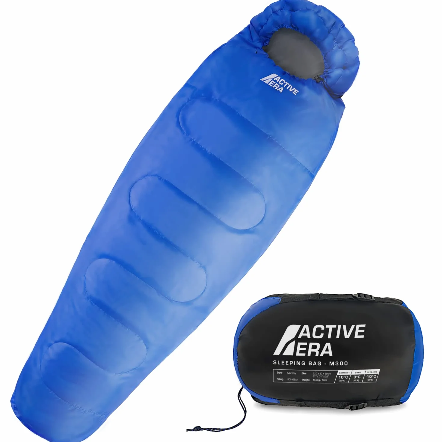 Active Era Saco de Dormir 200 cm x 80 cm 300gr - Resistente al Agua, Relleno de Doble Capa, Cálido con Capucha y Cordón. Saco de Dormir Ultraligero Todas Las Estaciones, Adultos y Niños