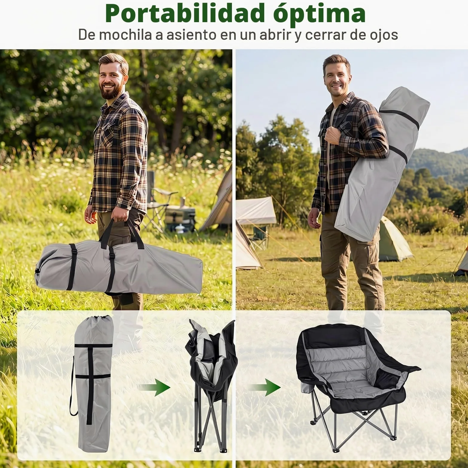 COSTWAY Silla de Camping Extragrande y Acholchada, Silla Plegable Portátil con Bolsillos Laterales, Portavasos, Bolsa de Transporte, Playa Pesca, Carga 225 kg,72 x 104 x 93 cm (Gris)
