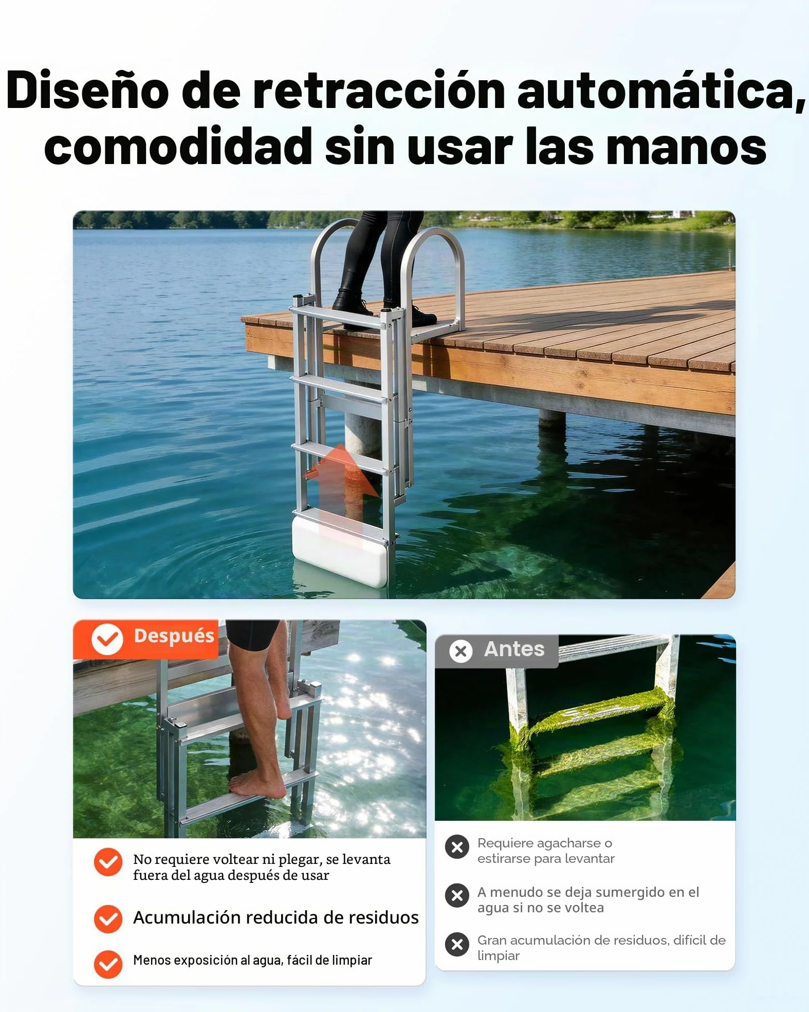 VEVOR Escalera de Muelle Capacidad de 227 kg con 4 Peldaños Antideslizantes, Pasamanos, Escalera Retráctil de Aluminio con Elevación Automática para Pontón Lago Barco Piscina Plataforma de Natación