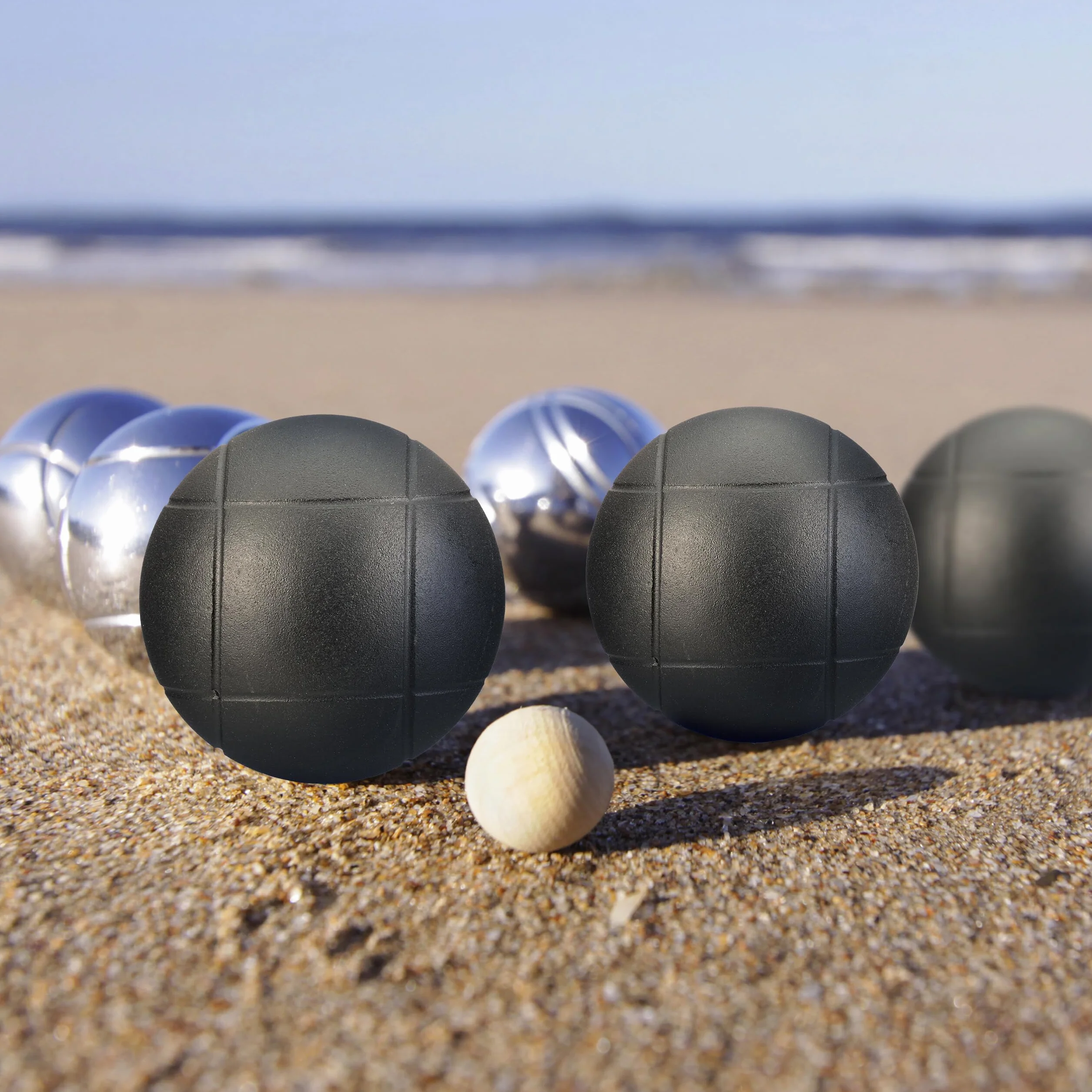 Relaxdays Juego de Petanca 6 Bolas de Acero con Boliche y Cuerda Medidora, Bolsa de Transporte Negro y Plateado