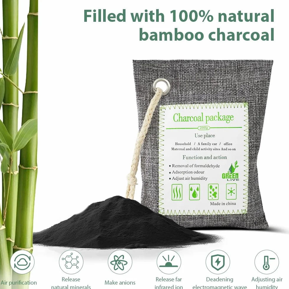 HOTUT Bolsas de Carbón Activado de Bambú 4x200g Purificadoras de Aire Desodorizantes para Coche Baño Armario