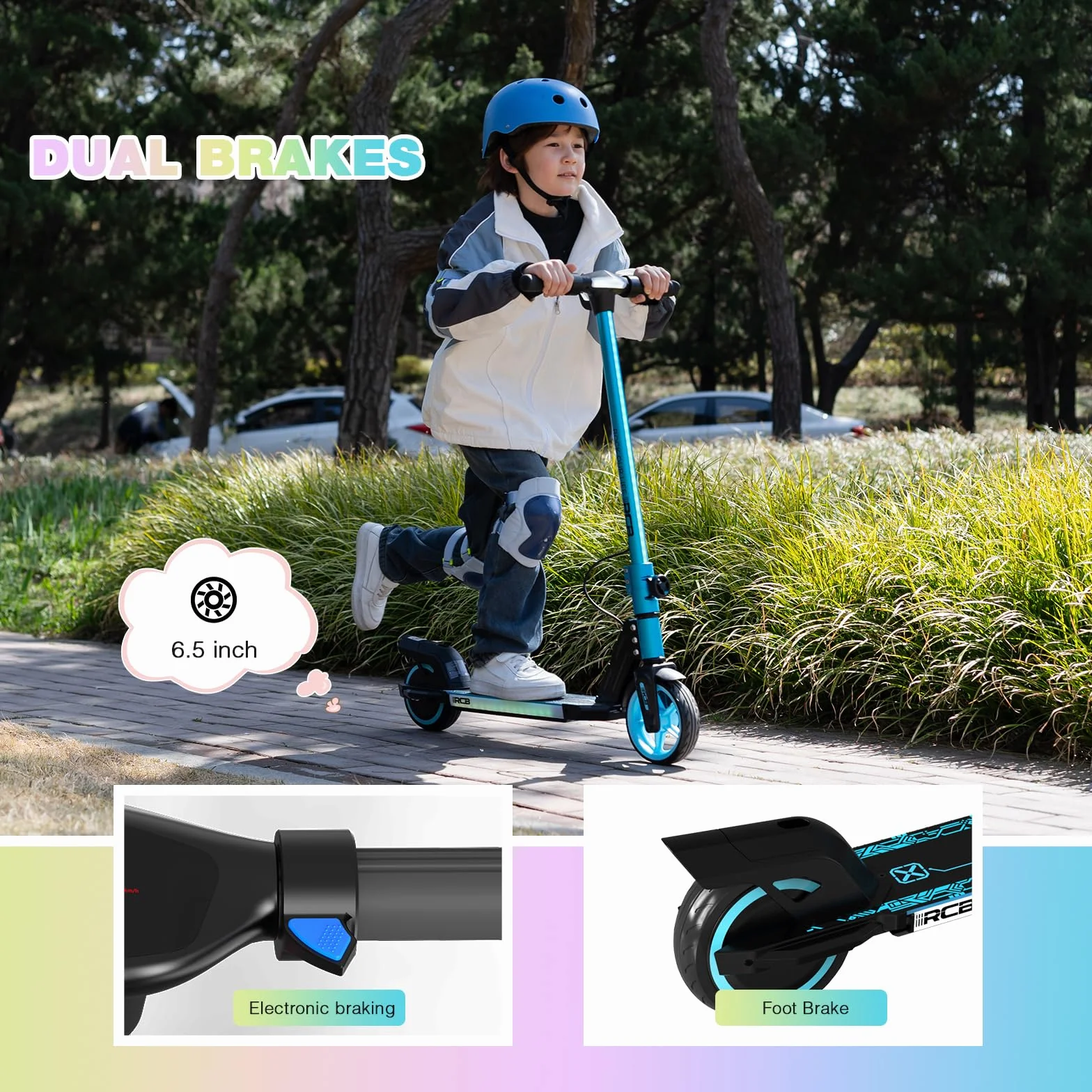 RCB R12 Patinete Eléctrico Niños para 6-12 años, hasta 15 km/h y 10 km, 6.5" Plegable Patinete Eléctrico,Luces de Arco Iris, Dos Tipos Frenos, Pantalla LED, Regalos para Niños