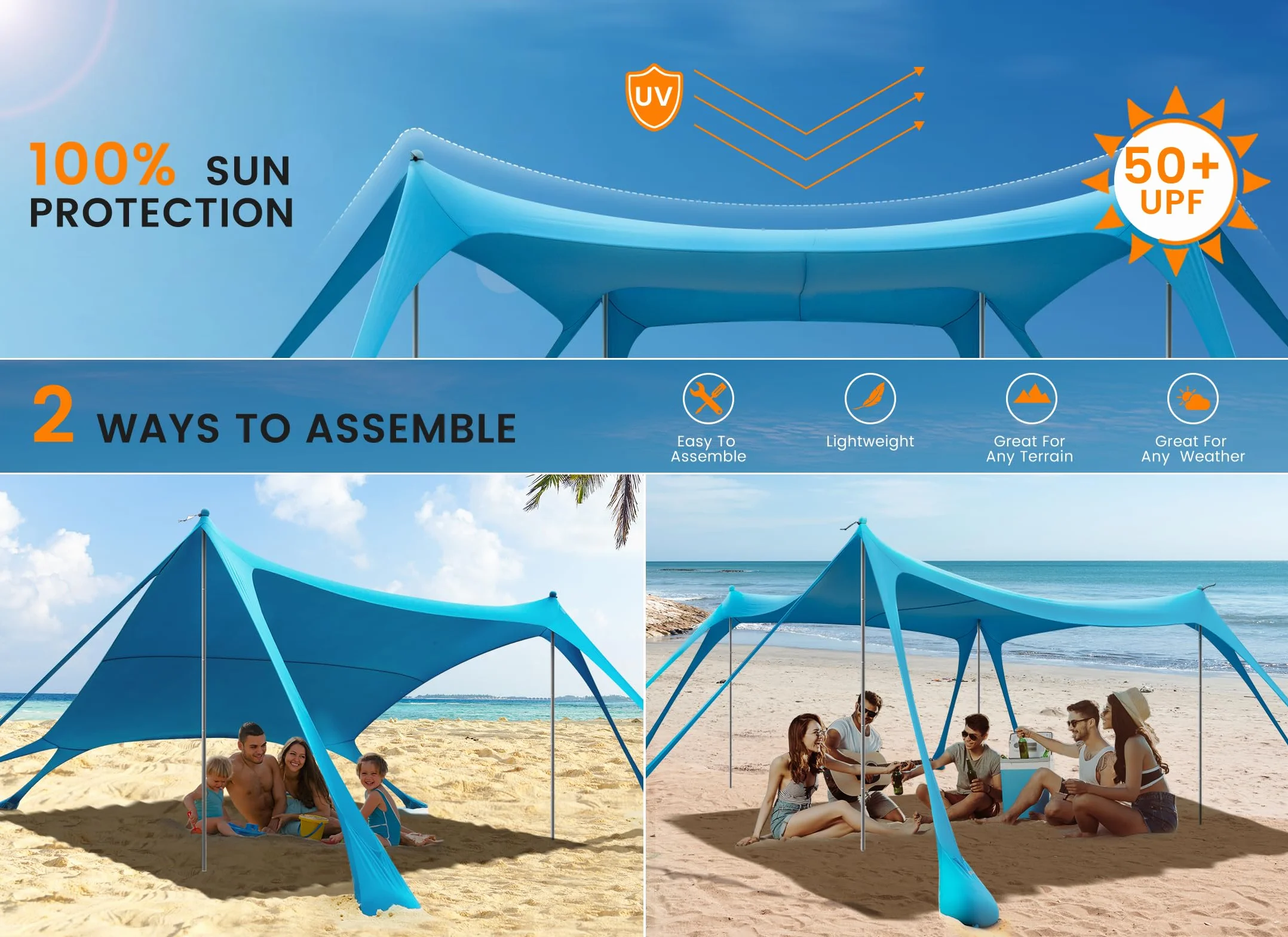 Carpa Playa Tienda de campaña UPF50+, Playa Familiar Plegable Toldo Playa Carpas con 4 Bastones, Pala, Clavijas y Bolsa de Transporte para Camping, Pesca, 3X 3X 2M (Sky Blue)