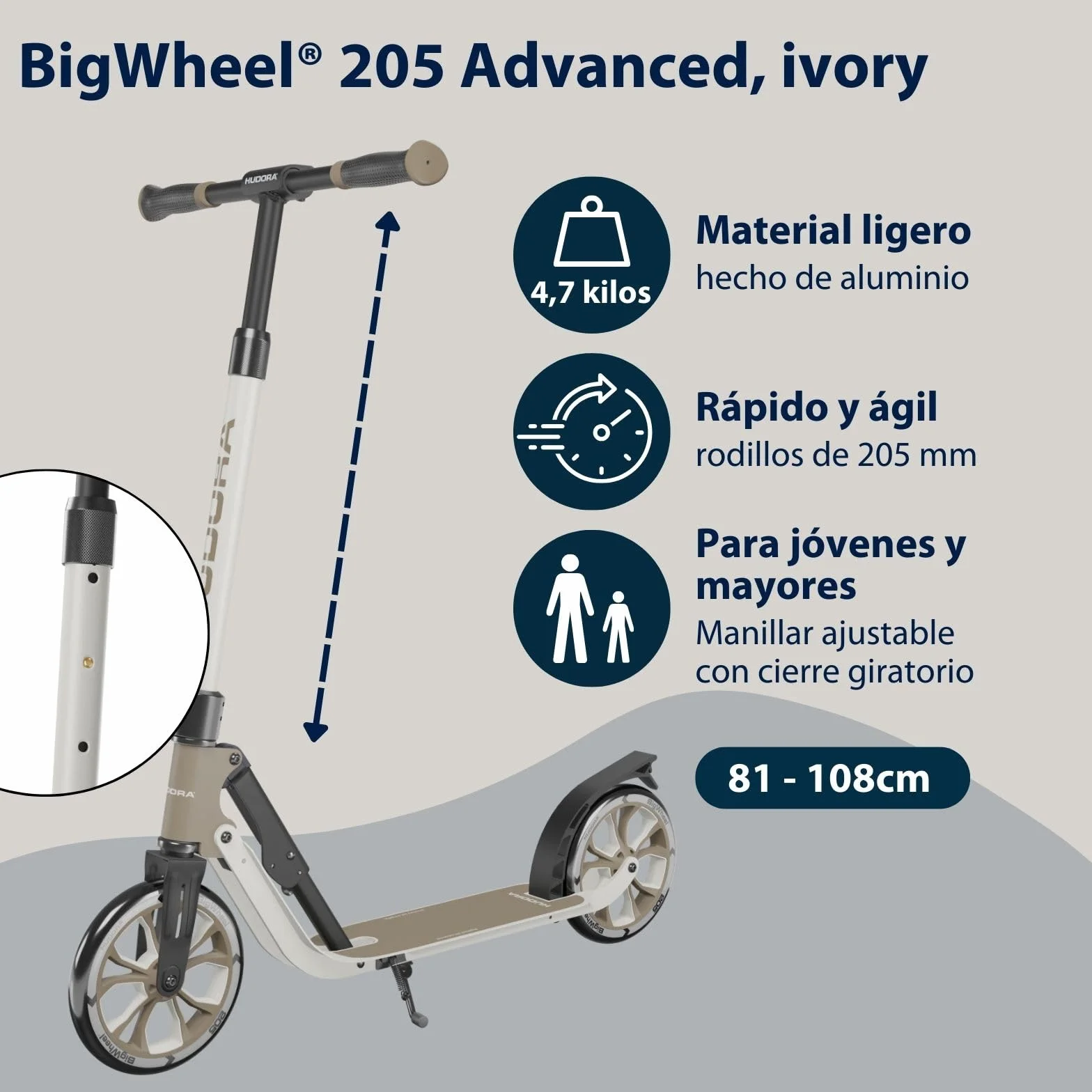 HUDORA BigWheel 205 Advanced Scooter - Patinete de Aluminio cómodo para hasta 100 kg - Patinete Plegable y Ajustable en Altura - Scooter para niños/Adolescentes y Adultos
