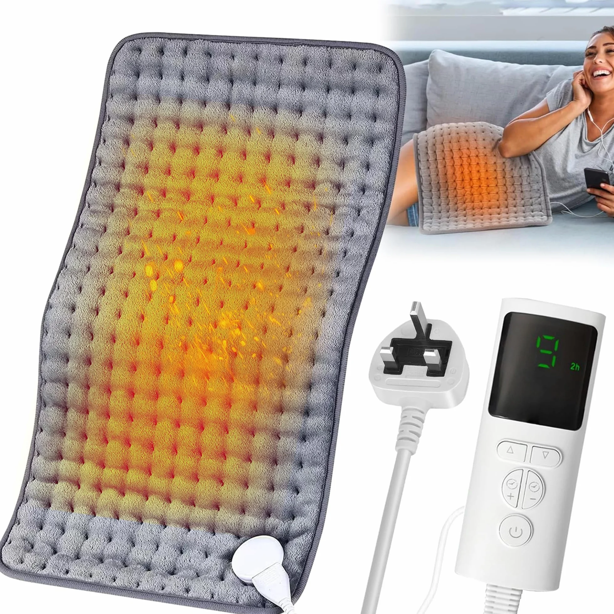 Almohadilla Eléctrica 30 x 60 cm para Espalda, Cuello y Abdomen, Cojín Calefactor con Pantalla Digital, 9 Niveles de Calor y Apagado Automático, Uso Doméstico