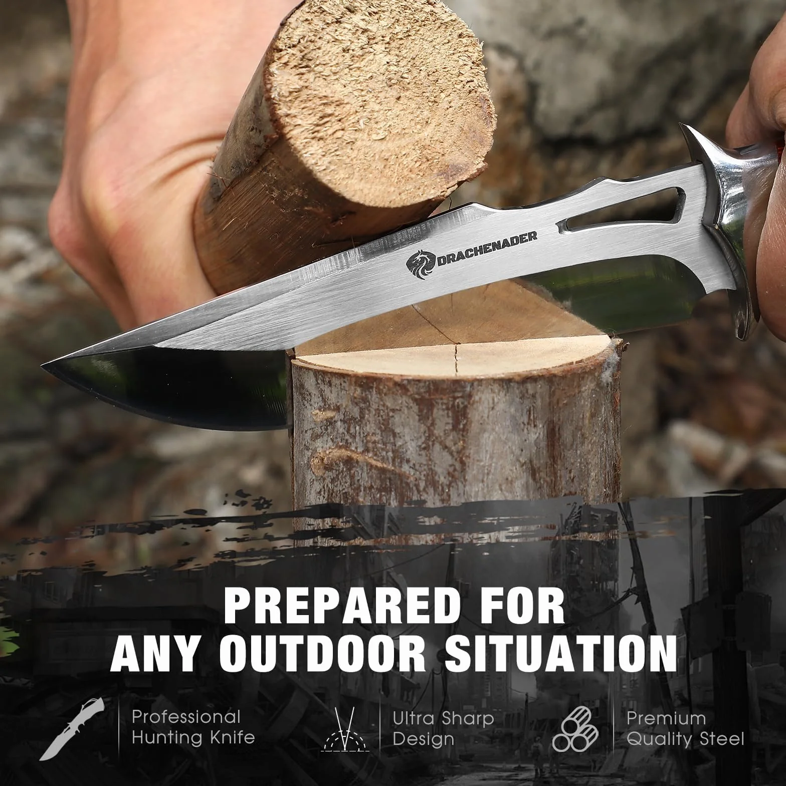 DRACHENADER cuchillo de cinturón cuchillo de supervivencia cuchillo de caza cuchillo grande, muy afilado bushcraft hoja fija con funda de cuero genuino, mango de madera