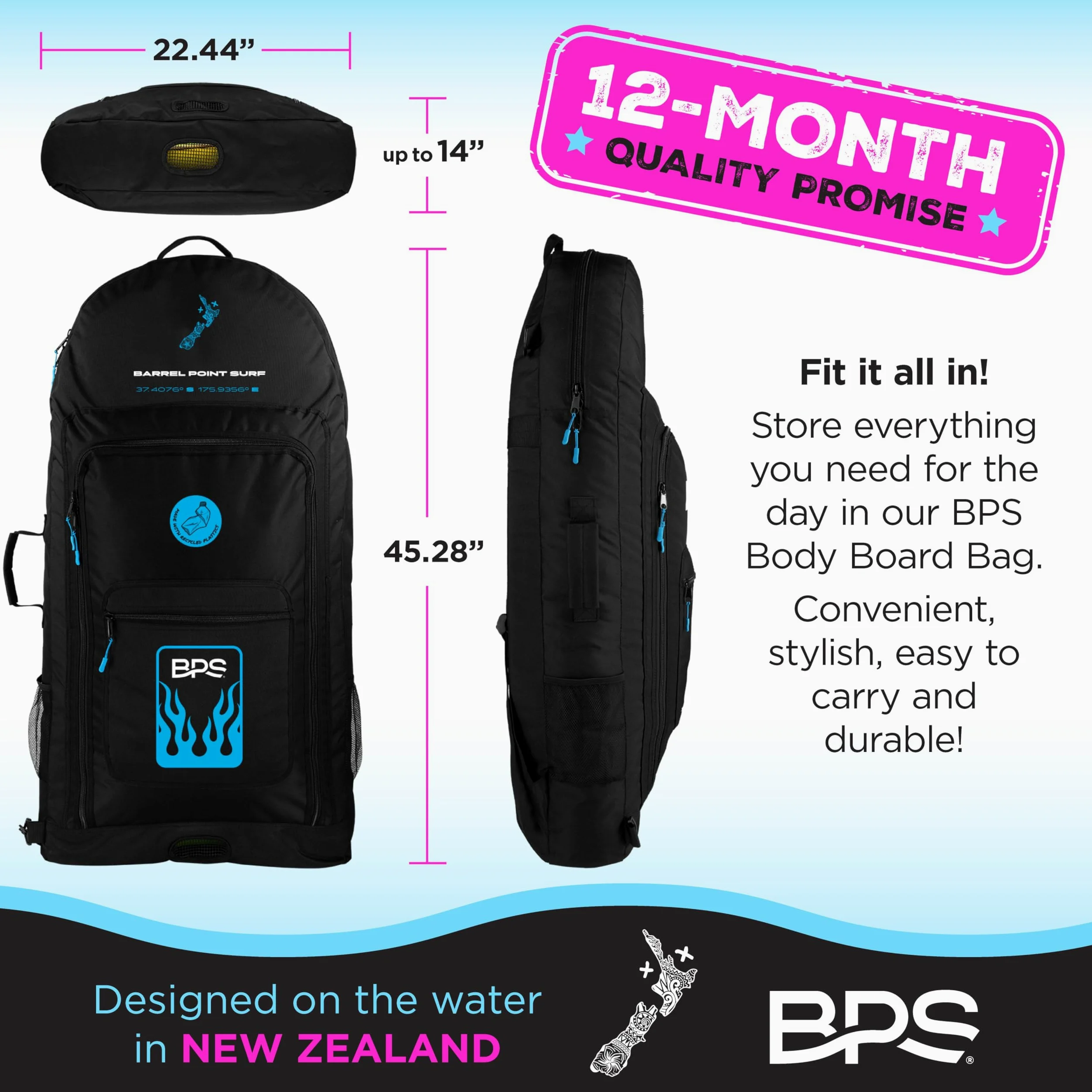 BPS Bolsa de bodyboard de Nueva Zelanda con capacidad de 2 a 3 tablas, hecha de plásticos reciclados, ayuda a eliminar los residuos de vertederos y océanos