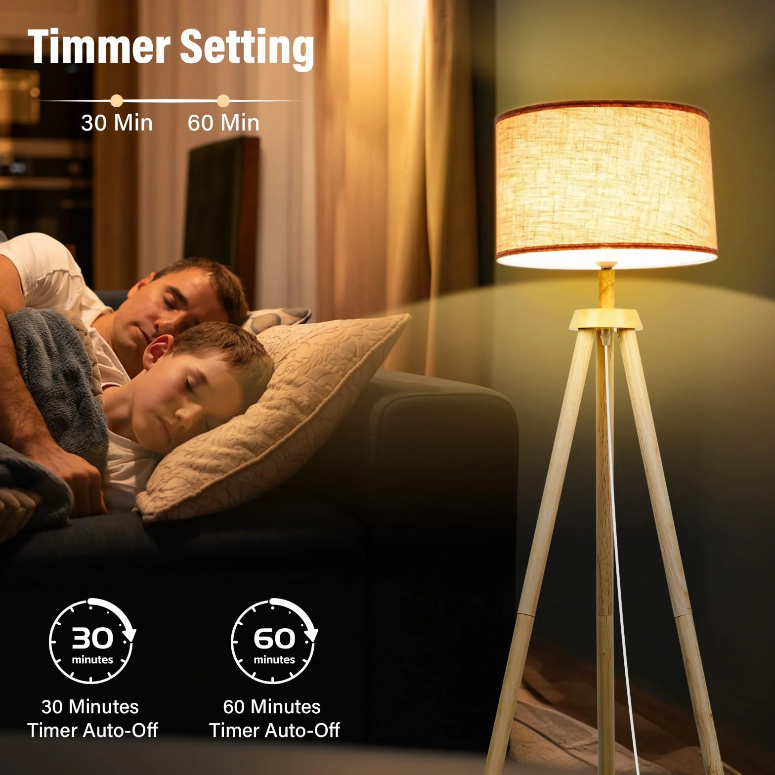 Lámpara de pie Trípode de Madera Regulable E27 12W 3 Colores 3000K-6000K con Control Remoto