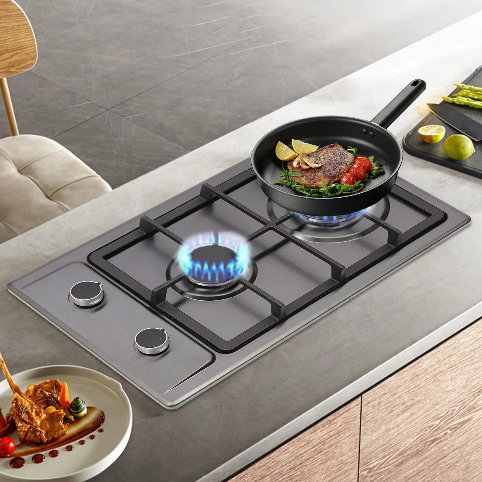 Cocina de gas para interiores, estufa de gas portátil de 2 fuegos con válvula reductora de presión, manguera de 1,5 m, placa de gas para el hogar, cocina, camping, jardín, catering, 6 kW