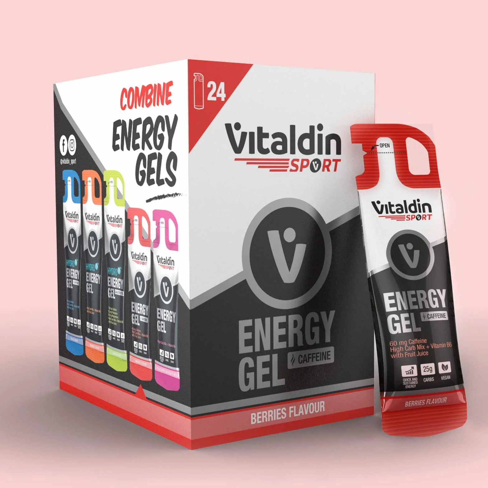 VITALDIN SPORT Energy Gel Caffeine 24 x 40 g Gel Energético Frutos Rojos 60 mg Cafeína Vitamina B6