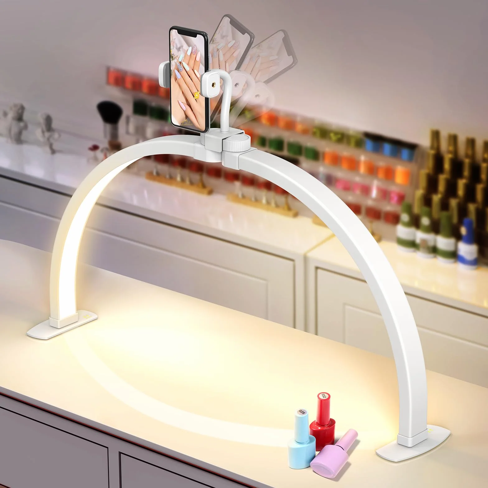 Media Luna Lámpara para Uñas 23" con Soporte para Teléfono 3 Modos de Color 10 Niveles de Brillo Ajustables Manicura Blanco