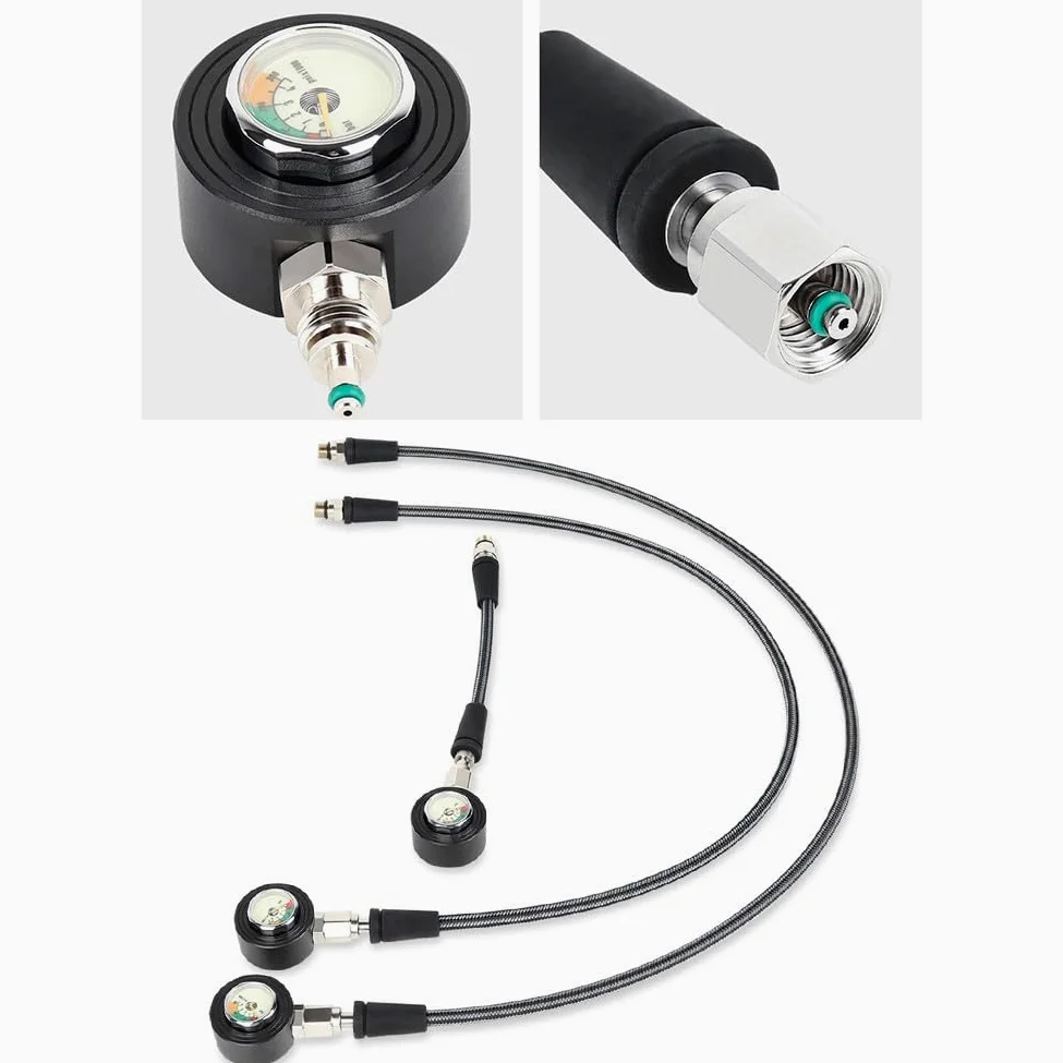 Manguera luminosa de alta presión de fibra de carbono, clasificación de 300 bares, giro de 360°, rosca 7/16-20UNF compatible con tanques