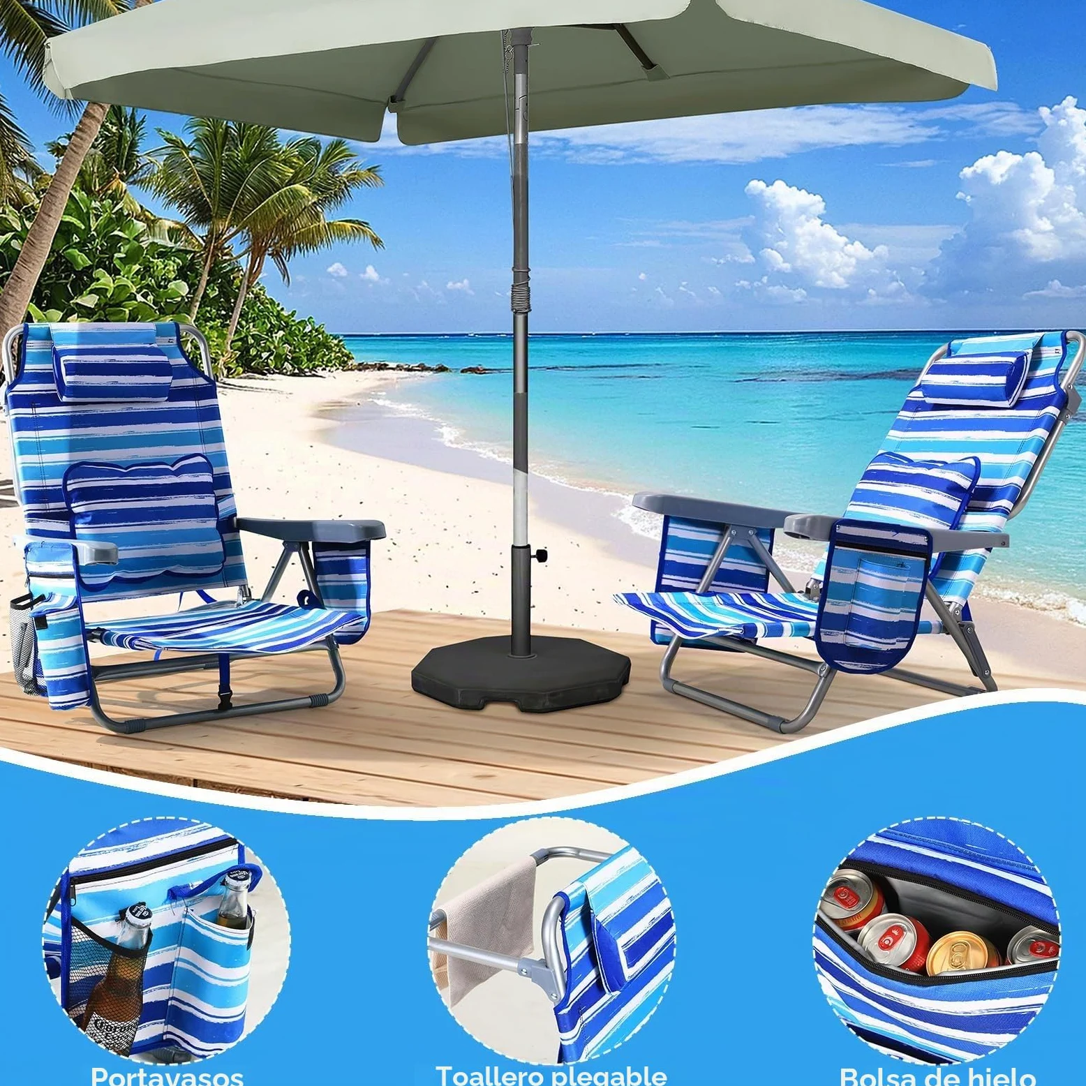 LIFERUN Silla De Playa,Set 2,Plegable,Reclinable,Diseño de Mochila,Azul | Respaldo 4 Posiciones,Carga 140kg,Oxford,Hierro,Bolsillo Térmico,Cojín Lumbar,Reposacabezas,Playa,Jardín,Camping,Festival