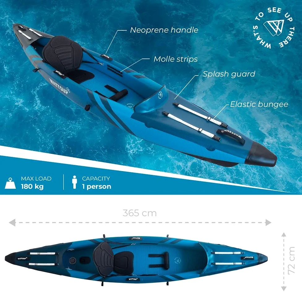 Kayak Inflable Wattsup Torpedo 1 Plaza – 365 x 72 cm (12 x 28) – Dropstitch – MAX 180 kg – Paquete Completo – Todos los Niveles