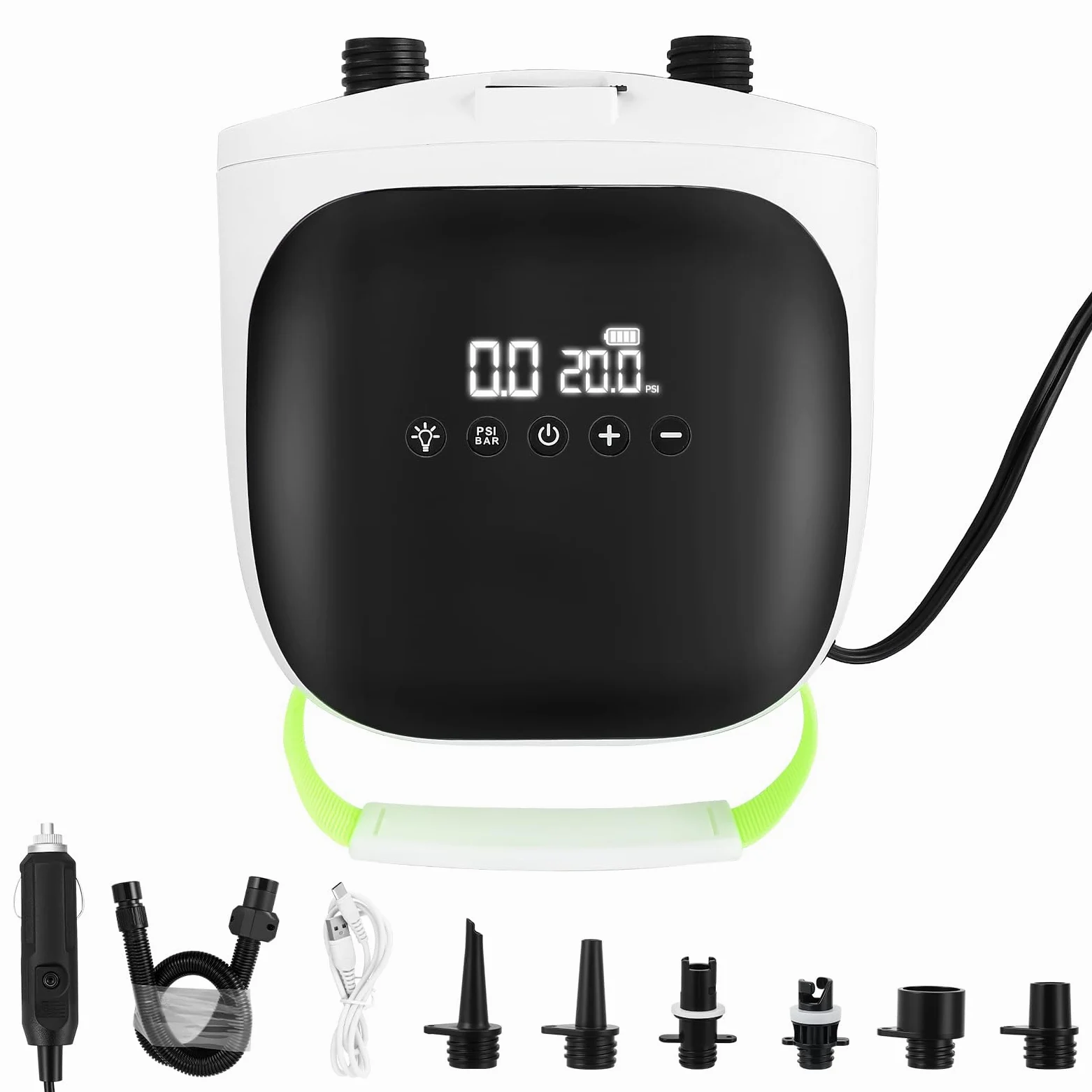 Bomba Eléctrica para Sup,Bomba de 12V con Apagado Automático,20 PSBomba Eléctrica para Paddle Board Inteligente a Doble Etapa,Bomba de Aire Eléctrica con 6 Boquillas para Botes, Colchones