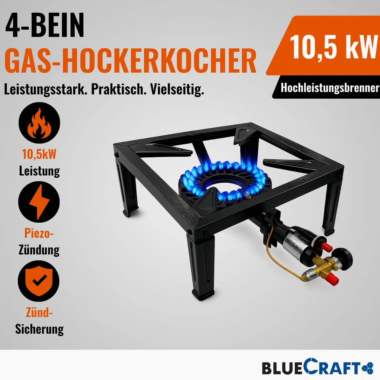 Bluecraft - Hornillo de gas de 10,5 kW para bombona de gas con seguro de encendido y encendido piezoeléctrico, incluye manguera de gas de 150 cm y regulador de gas de 50 mbar, cocina profesional para