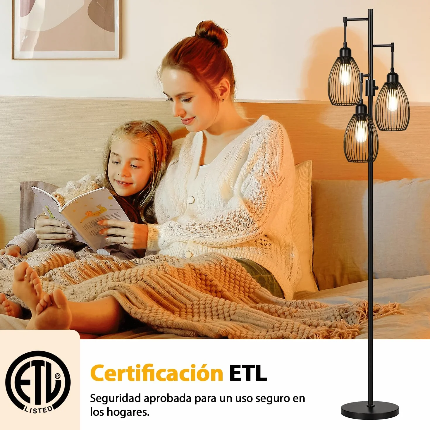 Lámpara de pie regulable Nintiue, 3 bombillas LED 800 lm, jaula lágrima, industrial granja, salón dormitorio oficina