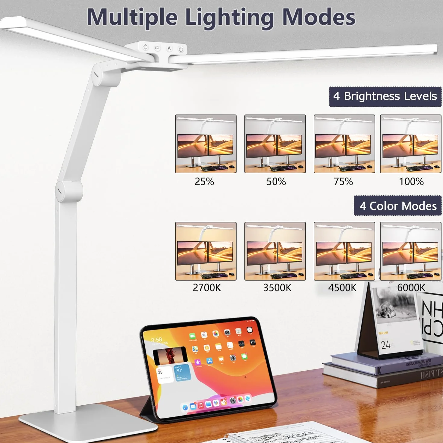 KableRika Lámpara Escritorio LED 24W 80cm Flexo Doble Cabezal Base Regulable 1200 lúmenes