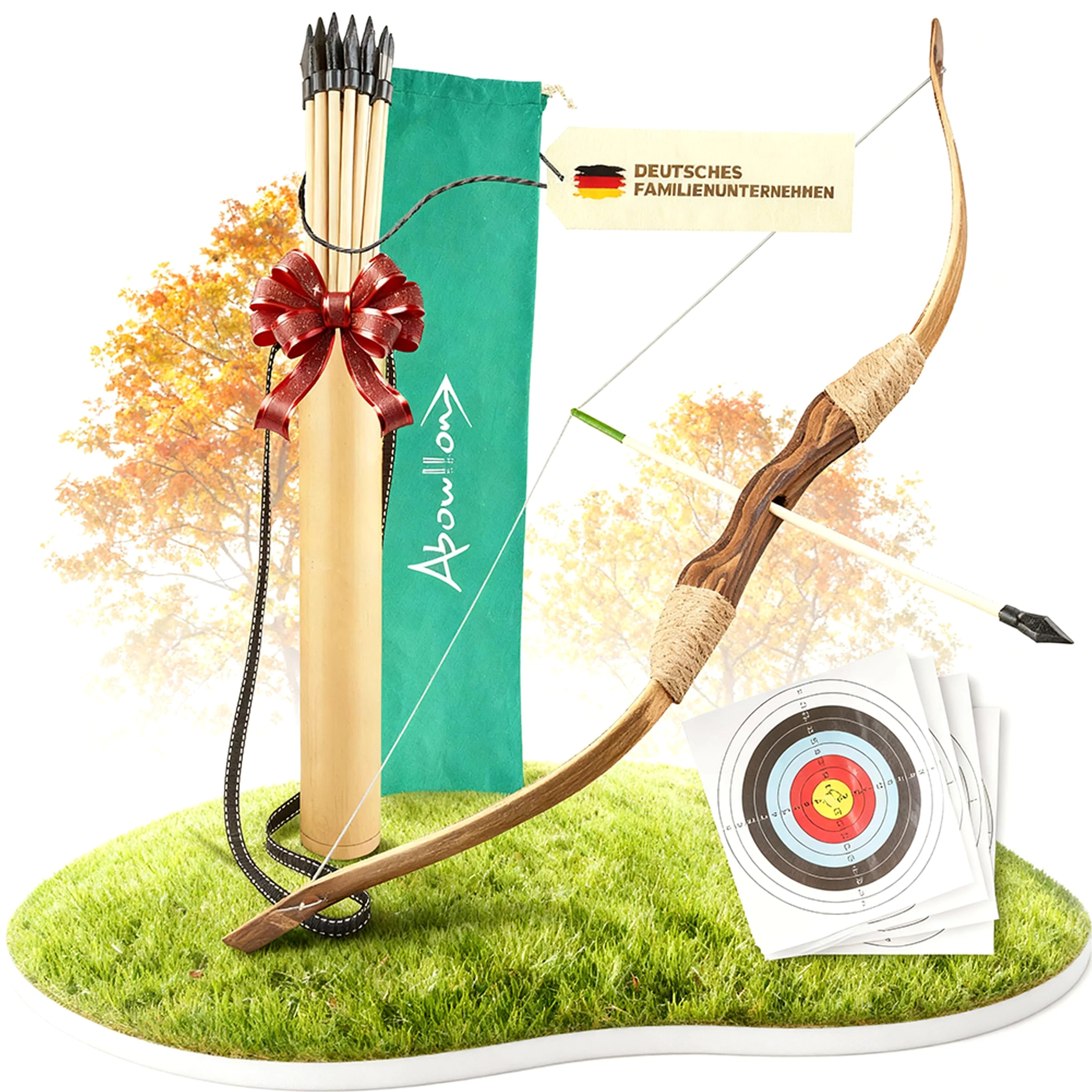 Set de Arco y Flechas de Madera con 12 Flechas, Carcaj, Bolsa de Almacenamiento & 4 Dianas | Arco para Principiantes, Equipamiento Deportivo al Aire Libre para Jóvenes