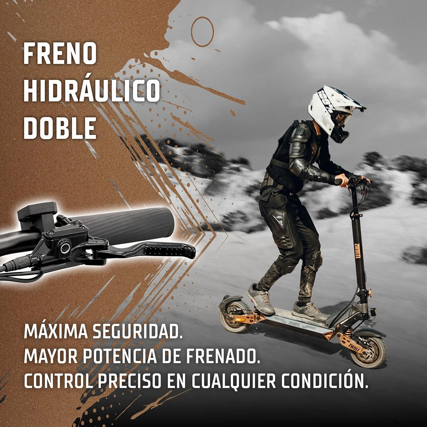 ZWHEEL ZWOLF | Patinete Eléctrico Adultos Homologado DGT - 500W-1000W MAX, 50-70km Autonomía, Geolocalización, Suspensión Híbrida Ajustable, Frenos Regeneradores AER - Ruedas 10" Offroad