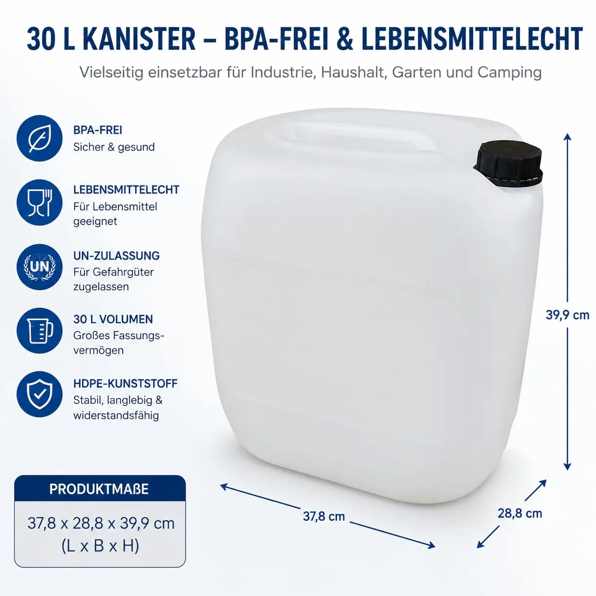 Bidón de plástico natural DIN61 + grifo de 30 L