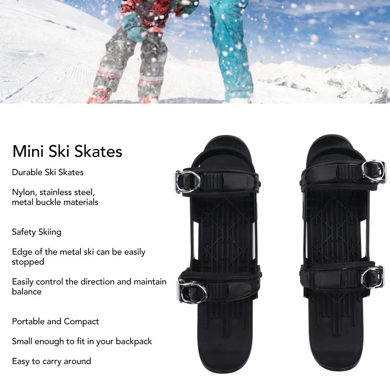 Mini patines cortos de esquí para nieve, esquís para zapatos de invierno, patines de nieve cortos, patines de nieve, skiboards ajustables para fijar a botas de esquí (negro)