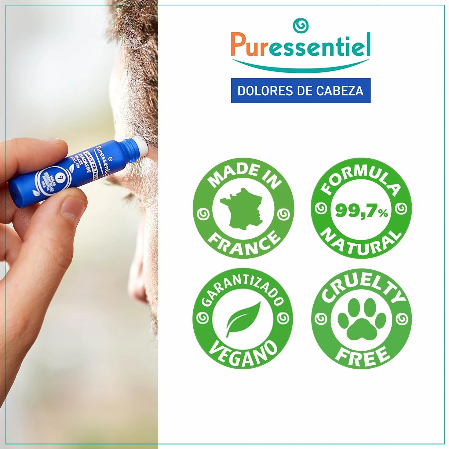 Puressentiel Roll-On Dolor de Cabeza 9 Aceites Esenciales 5 ml Alivio Rápido Efecto Frío Intenso