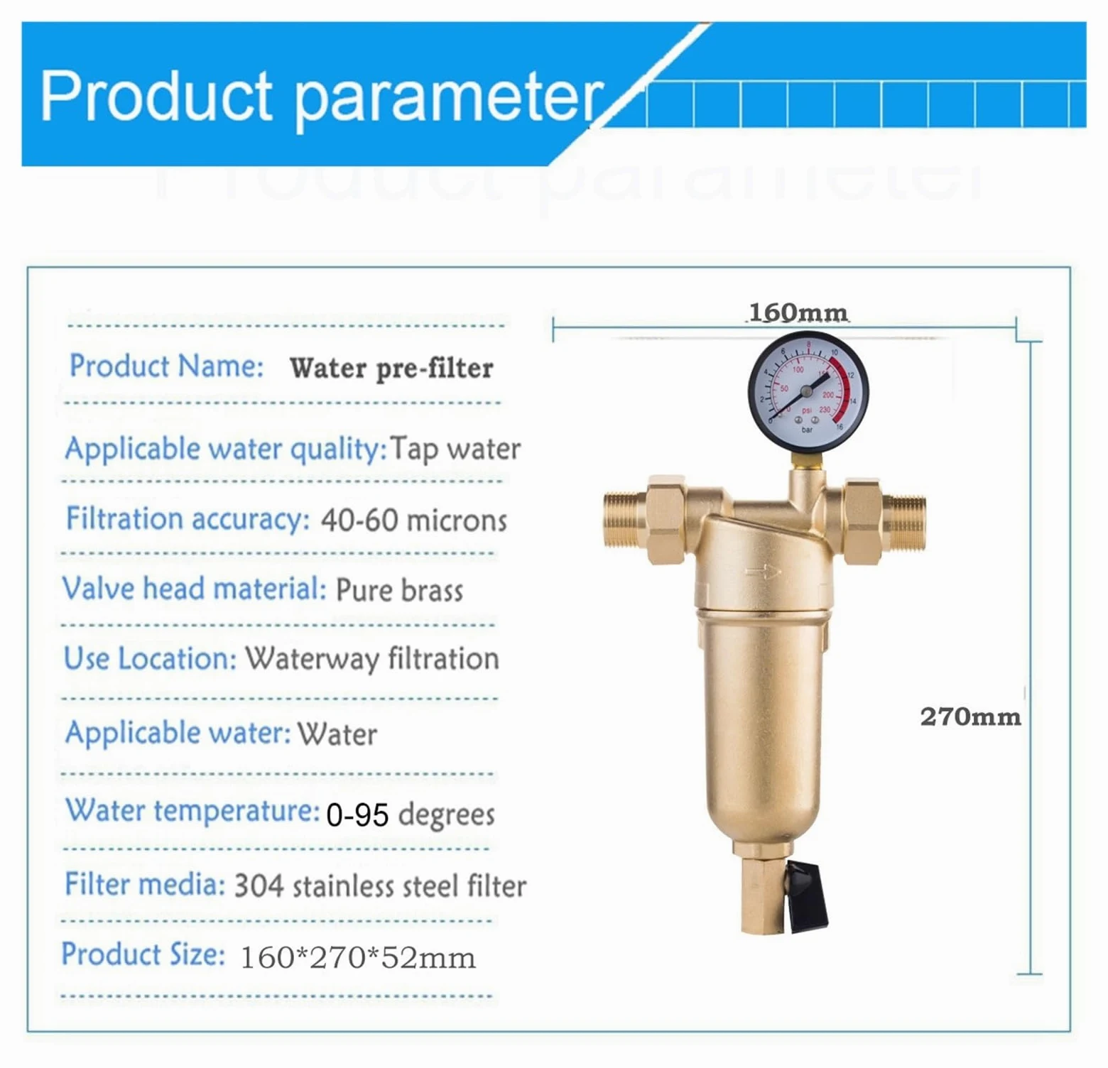 Sistema de filtro de agua, Sifón Backwas Pre-filtro de agua caliente, purificador latón entero Prefiltro malla acero inoxidable con manómetro(Whole brass,0.75 inch)