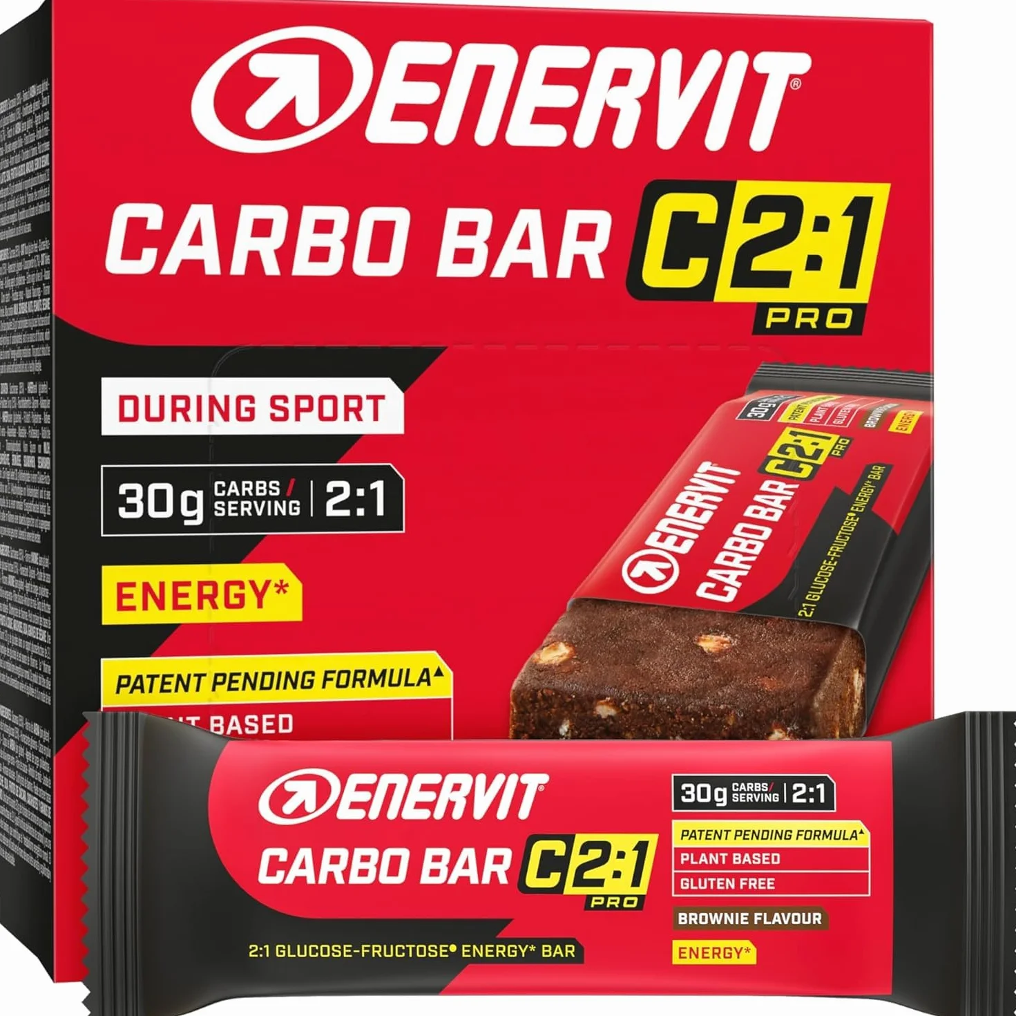 Enervit Carbo Bar C2:1PRO Brownie Barritas Energéticas 30g Carbohidratos Chocolate 12x45g Sin Gluten Vegano