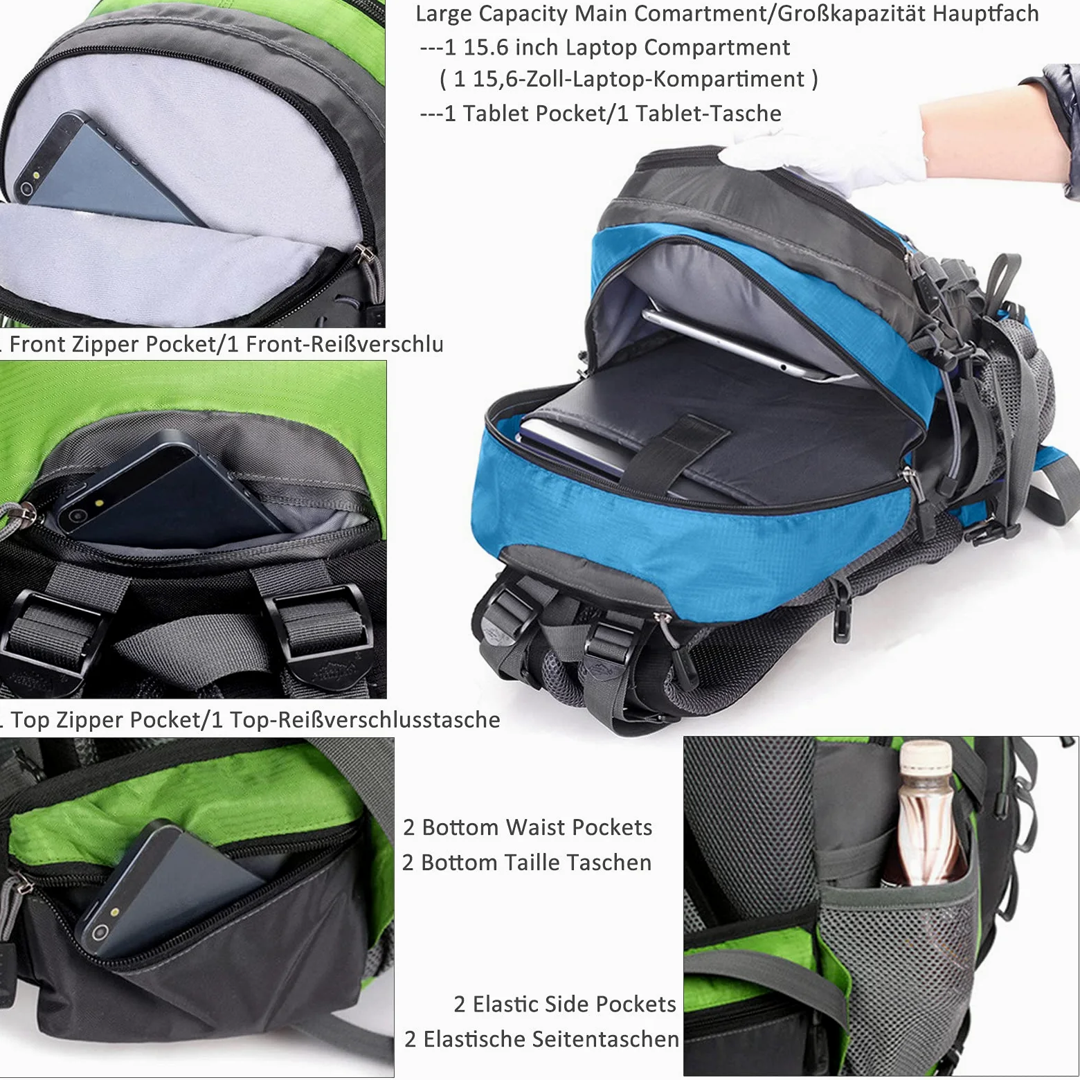 40L Mochila de Senderismo Mochila de Viaje Impermeable de Gran Capacidad Mochila de Trekking con Funda para Lluvia para Hombres Mujeres