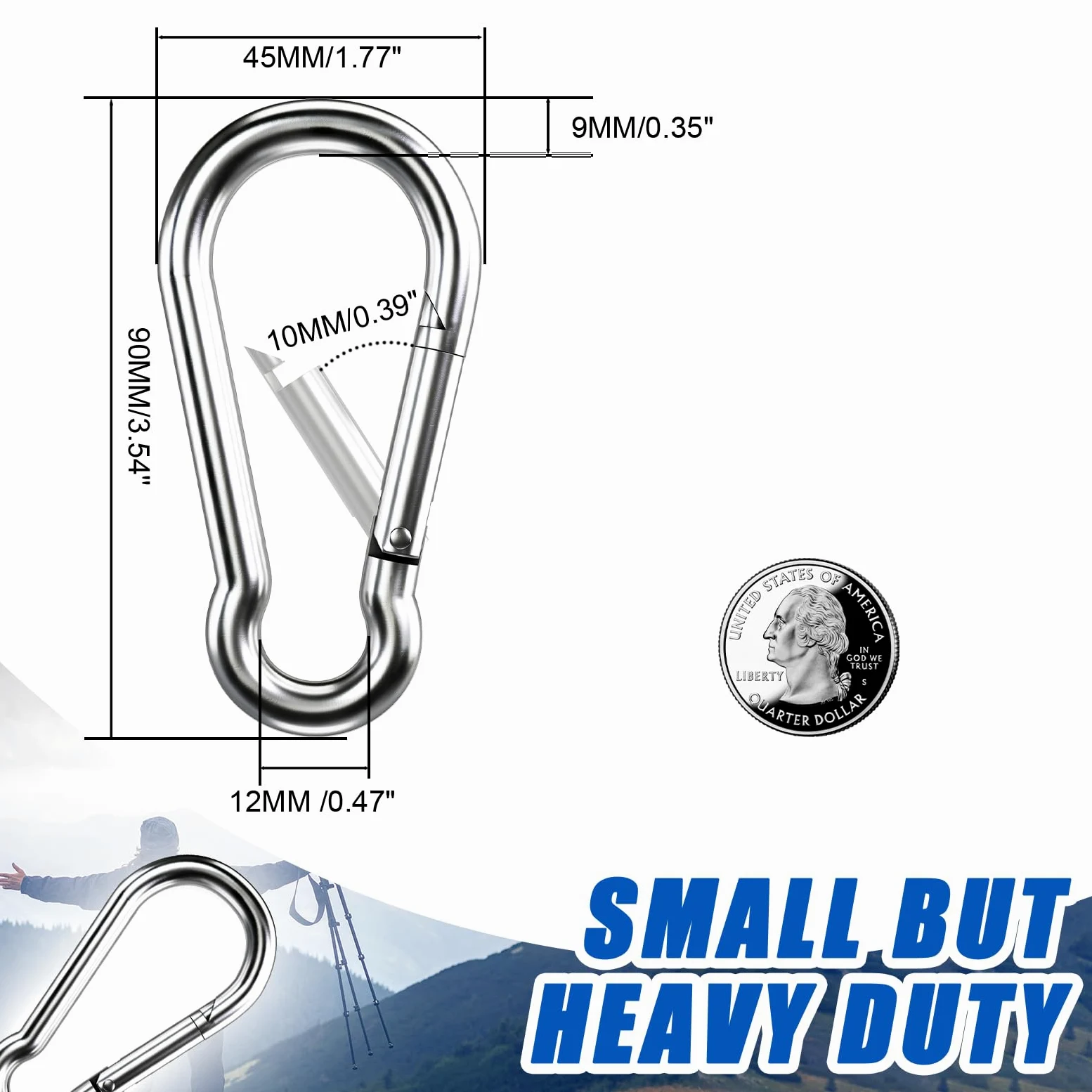 Kinklink - Mosquetón de acero inoxidable 304, gancho de resorte resistente de 3.54 pulgadas, clips de caribeener para camping, senderismo, viajes, pesca, llavero de enlace rápido, botella de agua