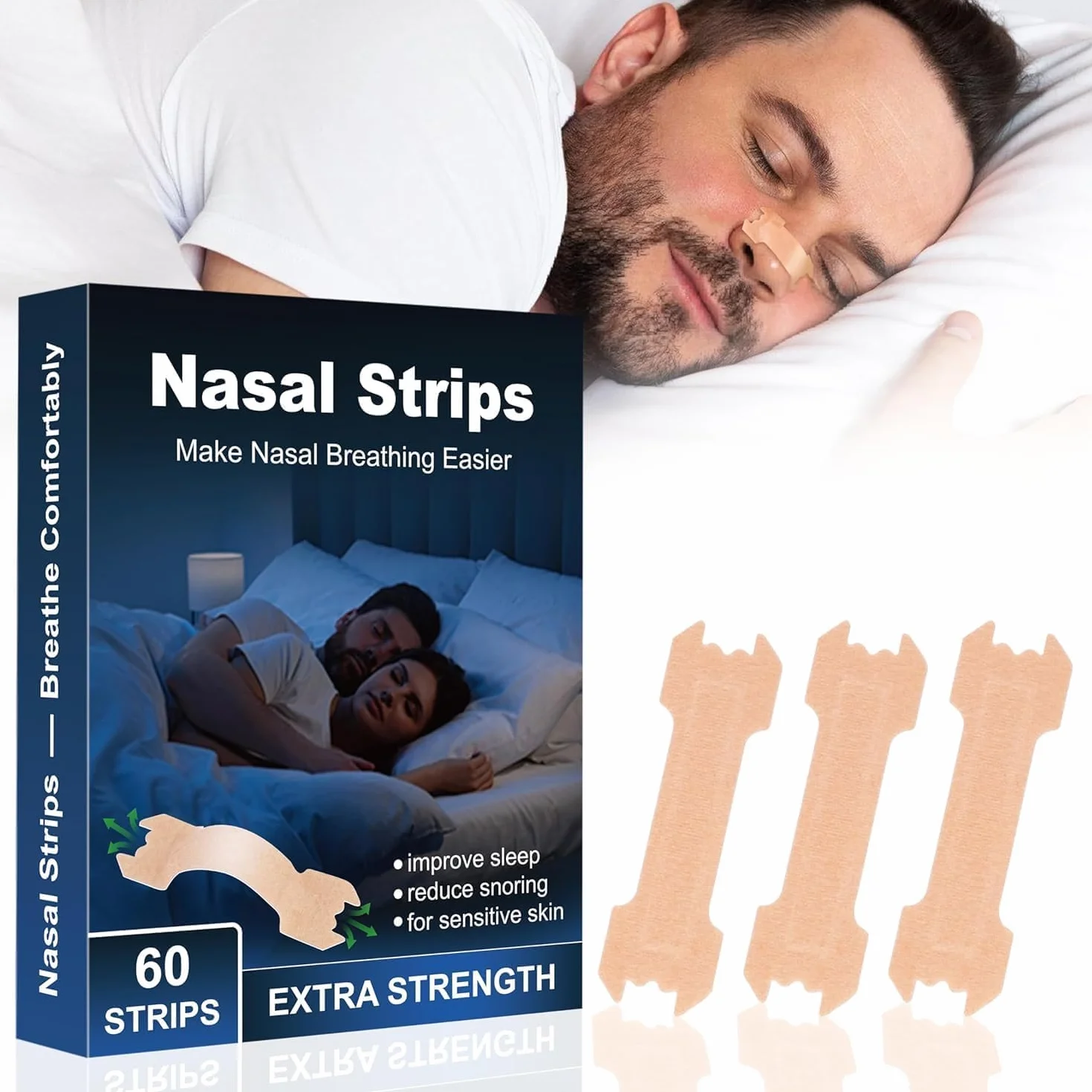 Tiras Nasales Antironquidos - Nasal Strips, 60 piezas Nose-Strips Tiritas Nariz Deportivas Dormir