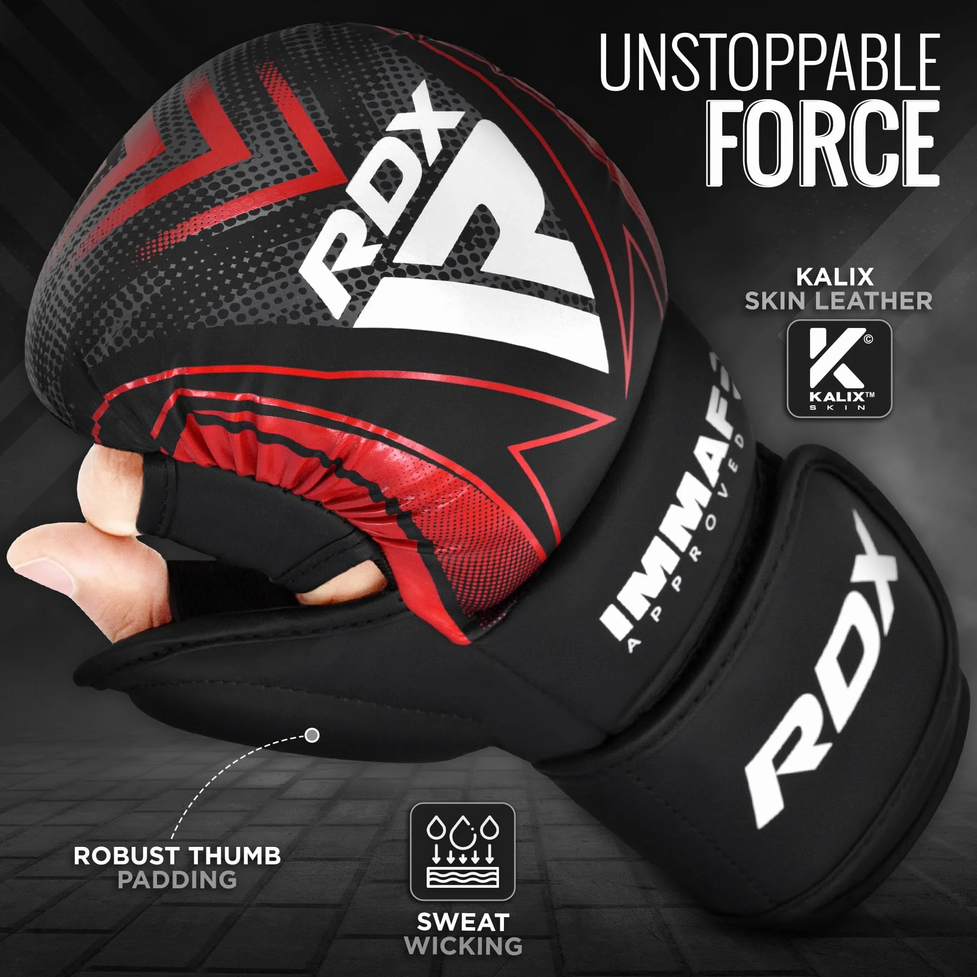 RDX Guantes de combate aprobados por IMMAF, diseño híbrido de grado profesional para nivel de competición y entrenamiento, palma abierta ventilada, correas de muñeca ajustables, artes marciales Muay