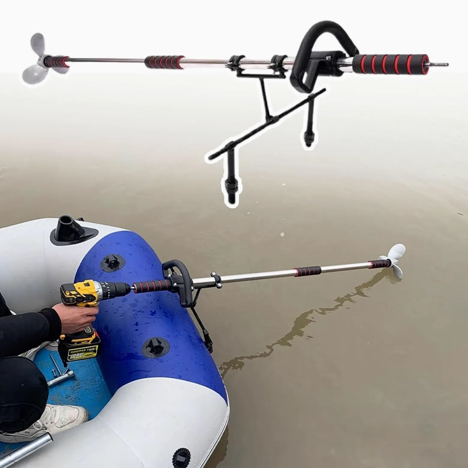 Motor Fueraborda Motor de Barco con Taladro Inalámbrico para Exteriores, Hélice Manual con Flotador para Kayak, Propulsor de Motor de Pesca de Arrastre para Barco(With Kayak Stand,L-125cm(49 1/4"))