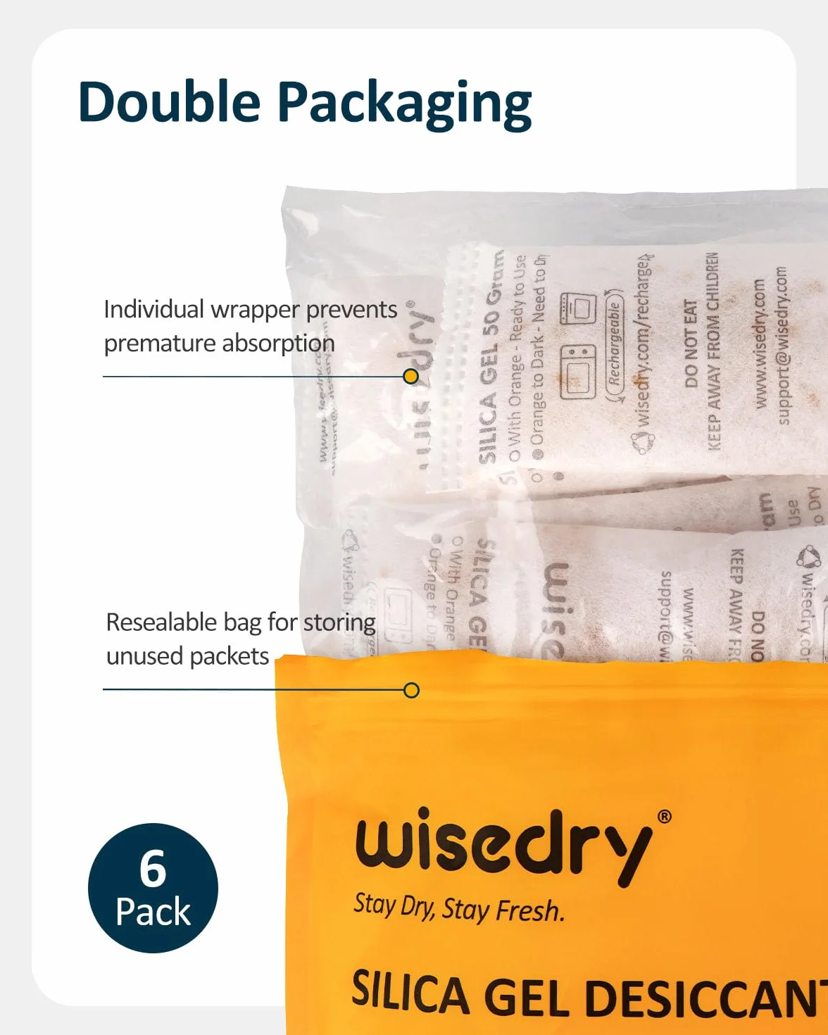Wisedry Gel De Sílice Bolsitas Desecante Reutilizable 50g 6 Paquetes Indicador de Absorción de Humedad