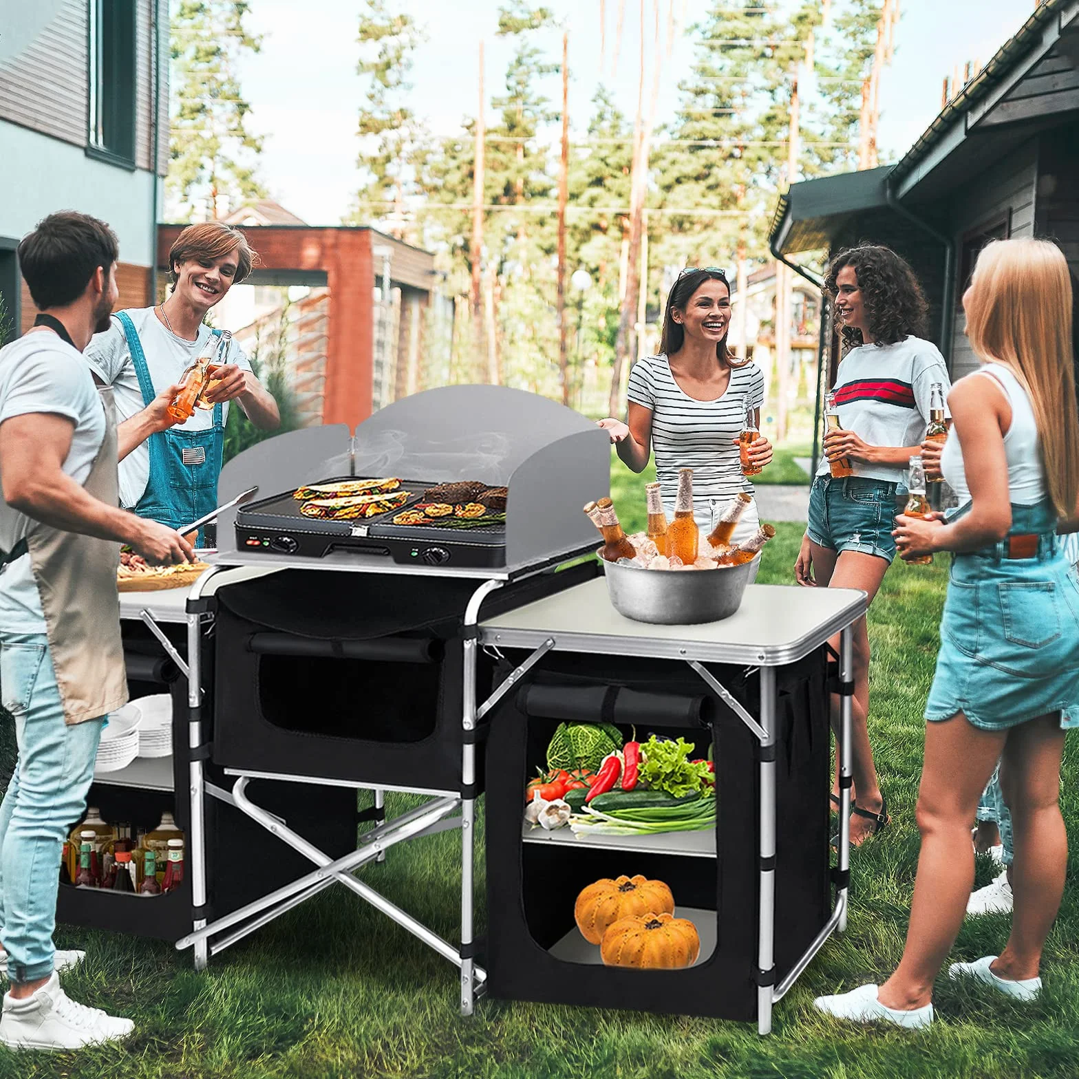Armarios de camping al aire libre plegable cocina de camping de estructura de aluminio, tela Oxford lavable y paneles de MDF, armario de tienda de campaña, caja de cocina con bolsa de transporte