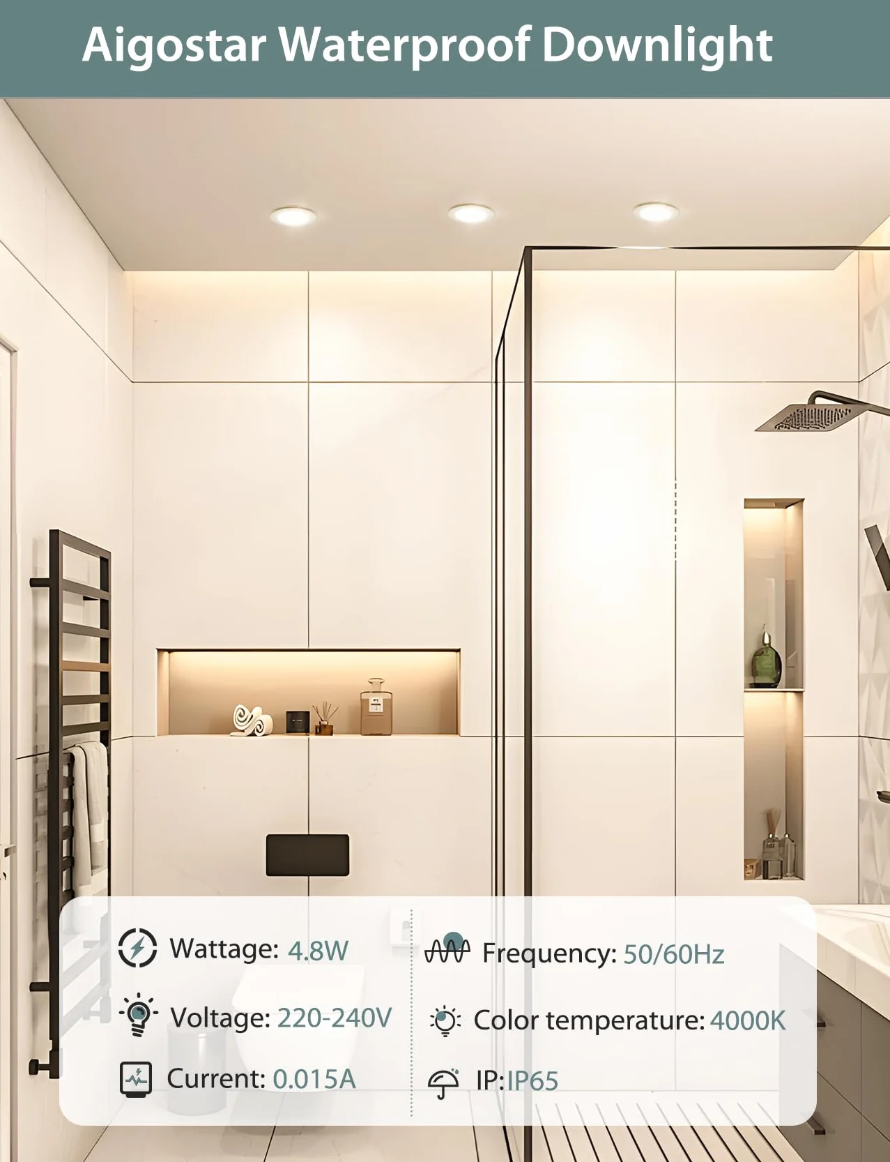 Aigostar Downlight LED Techo Empotrable 4.8W IP65 Impermeable 4000K Luz Natural Baño Extraplano Blanco 6 pack