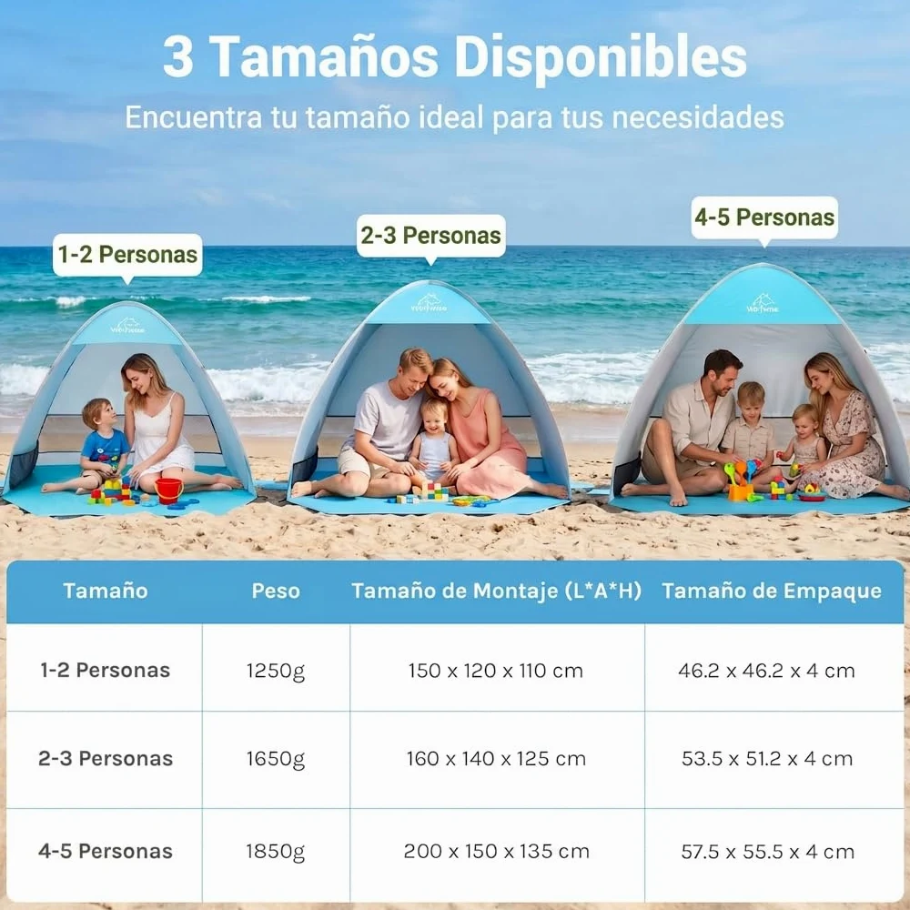 Wolfwise Carpa de Playa desplegable para 2-3 Personas, Refugio de Playa con protección UV 50+, Montaje en Segundos, Repelente al Agua y ventilada, 150 x 120 x 110 cm (59 x 47 x 43 in), Azul