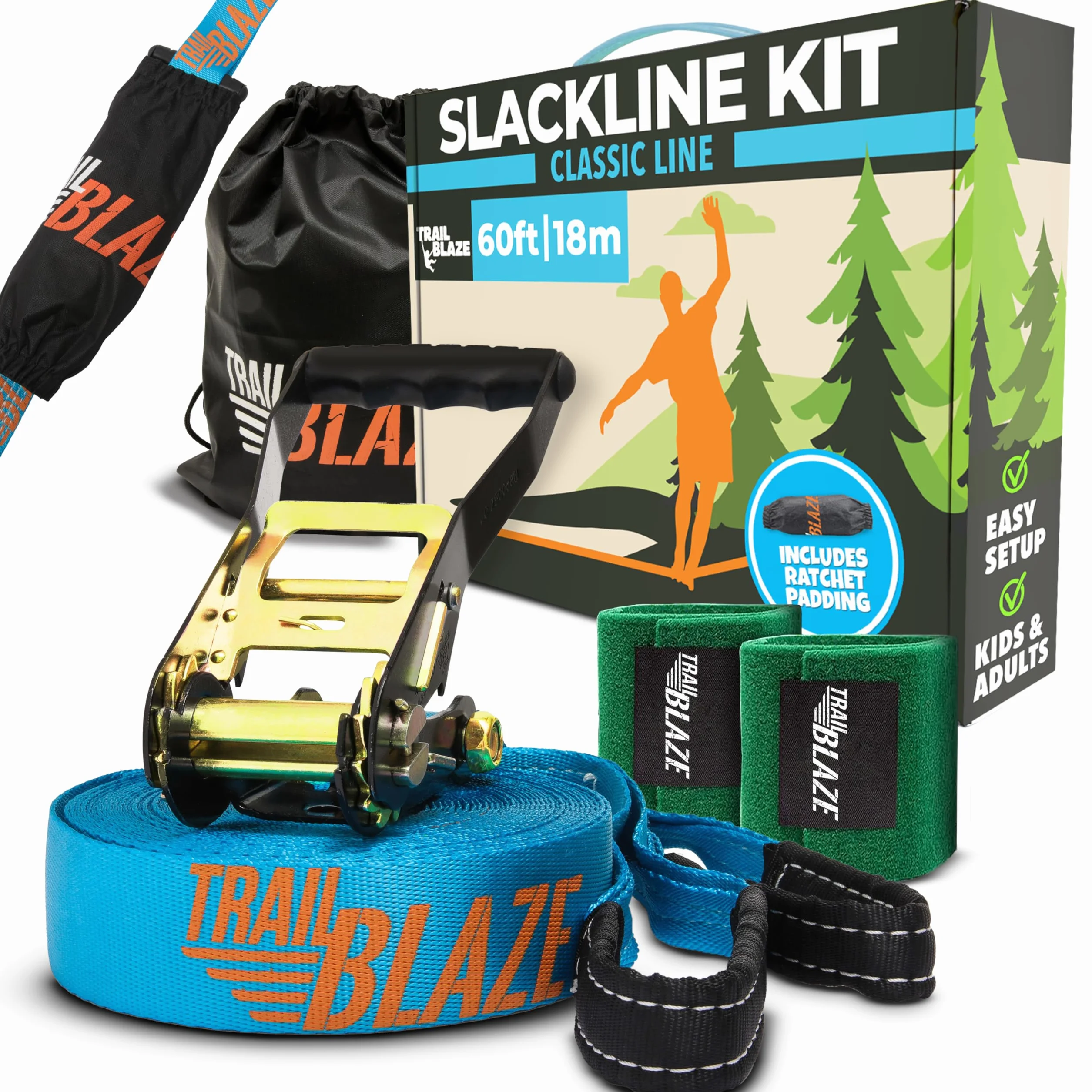 Kit Slackline Completo - Kit de Principiante con Protectores de árboles, Trinquete Tensor Revestido - Set de 18,5 Metros de Bandas para Entrenamiento de fácil instalación