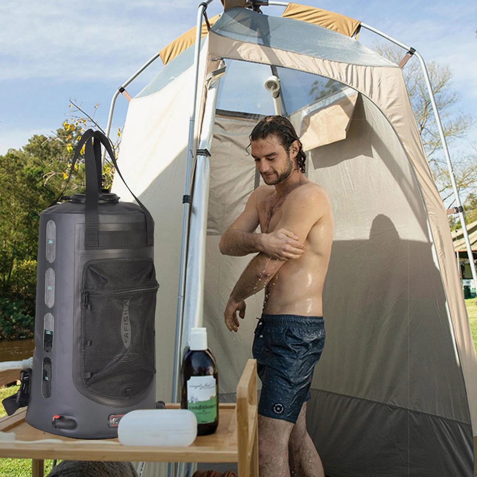 Bolsa de ducha portátil, Bolsa de ducha para camping | Bolsa de agua para | ducha de campamento con calefacción solar de 20 litros - Bolsillo de red, a prueba de fugas, equipo de camping para llevar al