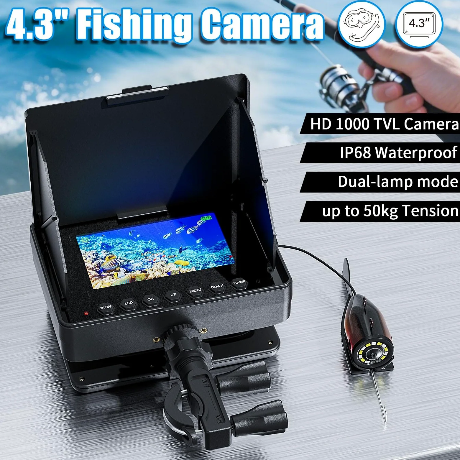 Cámara Submarina LCD 4,3", Buscador De Peces Para Pesca Hielo 1200TVL Con Iluminación 6+6 LED Integrada, Cable Configurable 15/30/50M, Aparato De Vigilancia Submarina Para(Size:15 M/49 FT,Color:Negro)