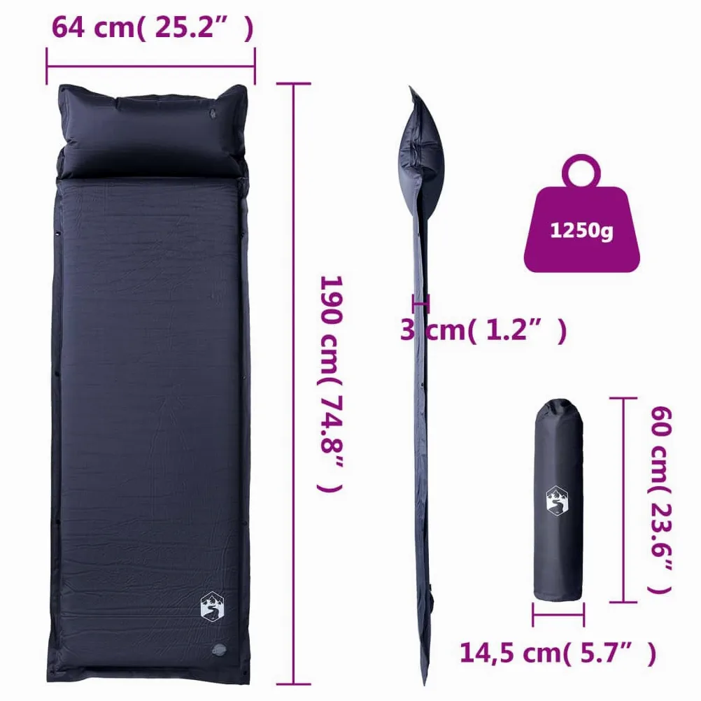 Colchoneta autoinflable con cojín gris para senderismo, playa, viaje, tienda de campaña