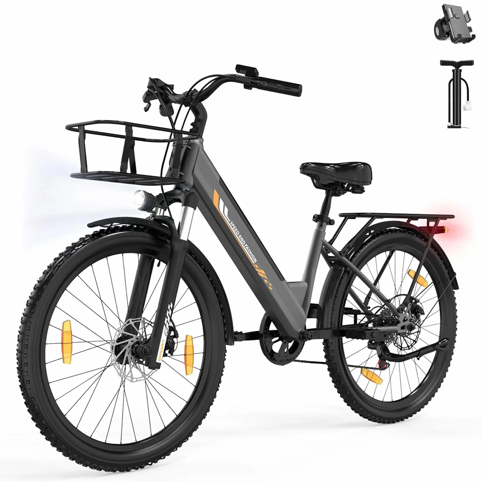 Bicicleta eléctrica de 26" para Mujer, Motor 250W, batería 36V 13Ah, autonomía hasta 100 km, Frenos de Disco mecánicos, suspensión Delantera, 7 velocidades