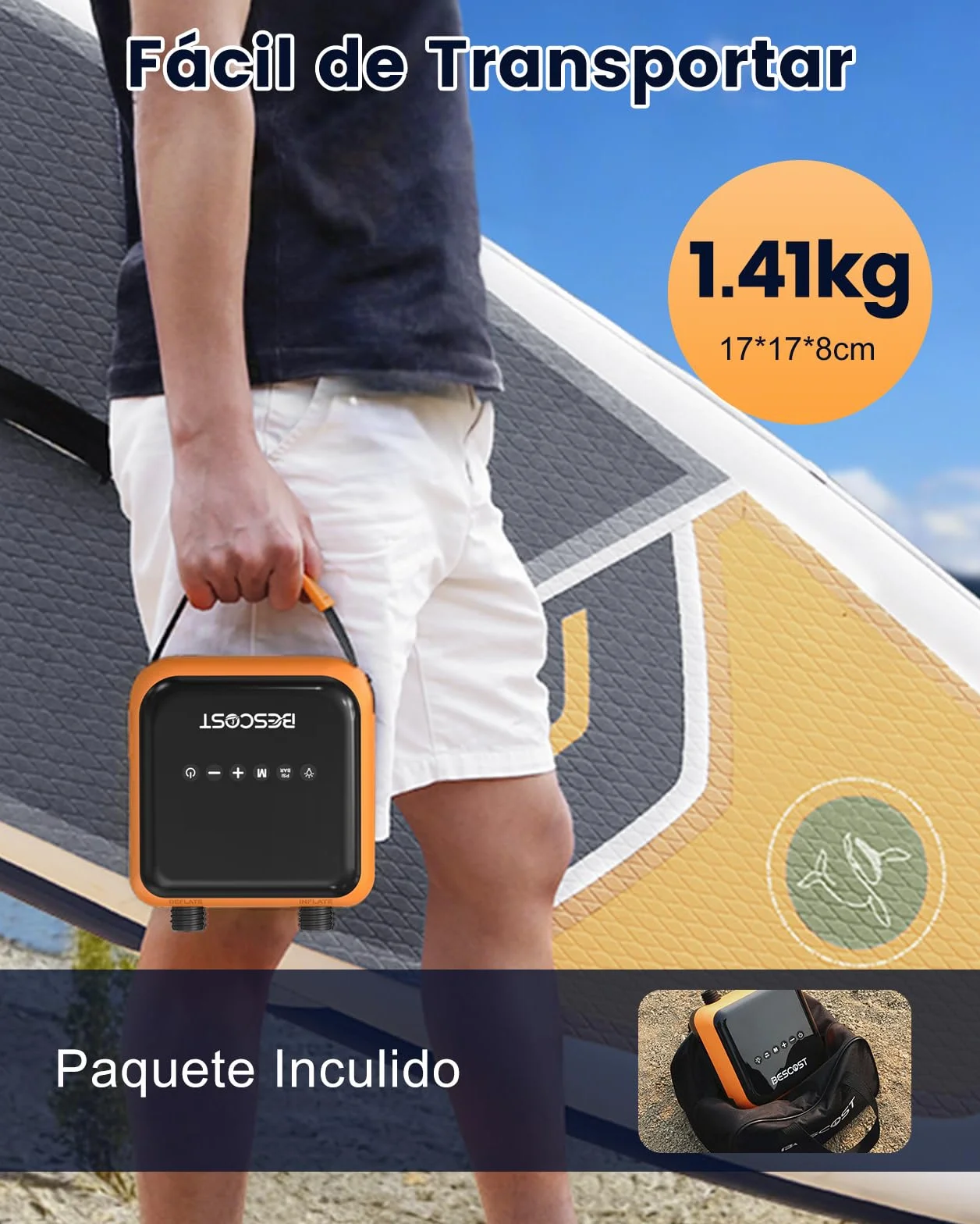 Bomba Eléctrica Inflador Paddle Surf Recargable 20PSI Inflado Desinflado Inteligente