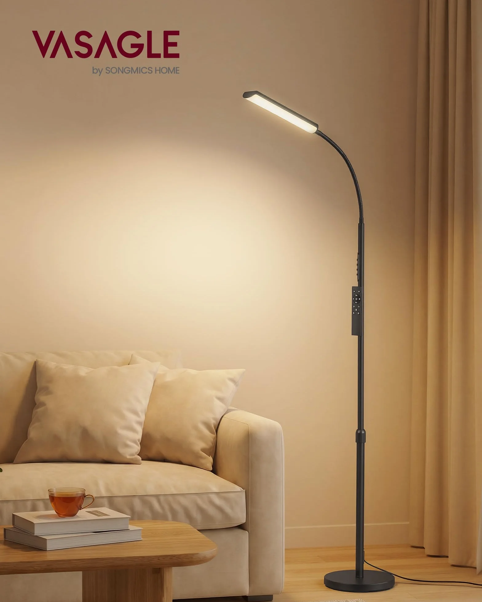 VASAGLE Lámpara de Pie Ajustable 141-175 cm 15 W 360° Flexible Temporizador Control Remoto Negro Mate