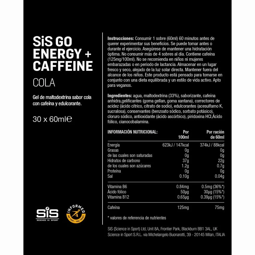 Science in Sport GO Energy + Caffeine 30x60ml Cola Gel 150mg cafeína 22g carbohidratos Energía deportes resistencia